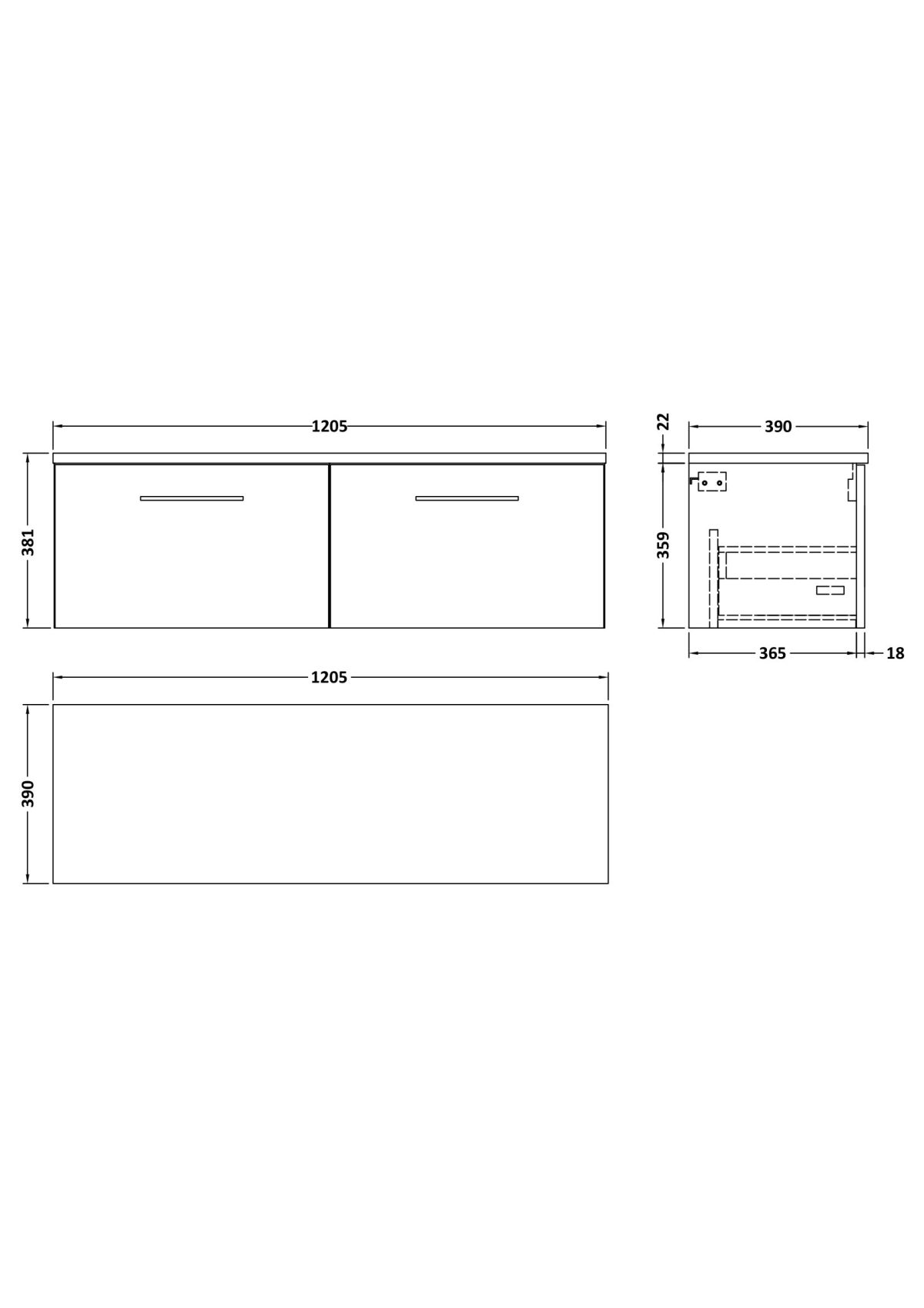 1200mm Wall Hung 2-Drawer Vanity & Laminate Worktop - Image 2
