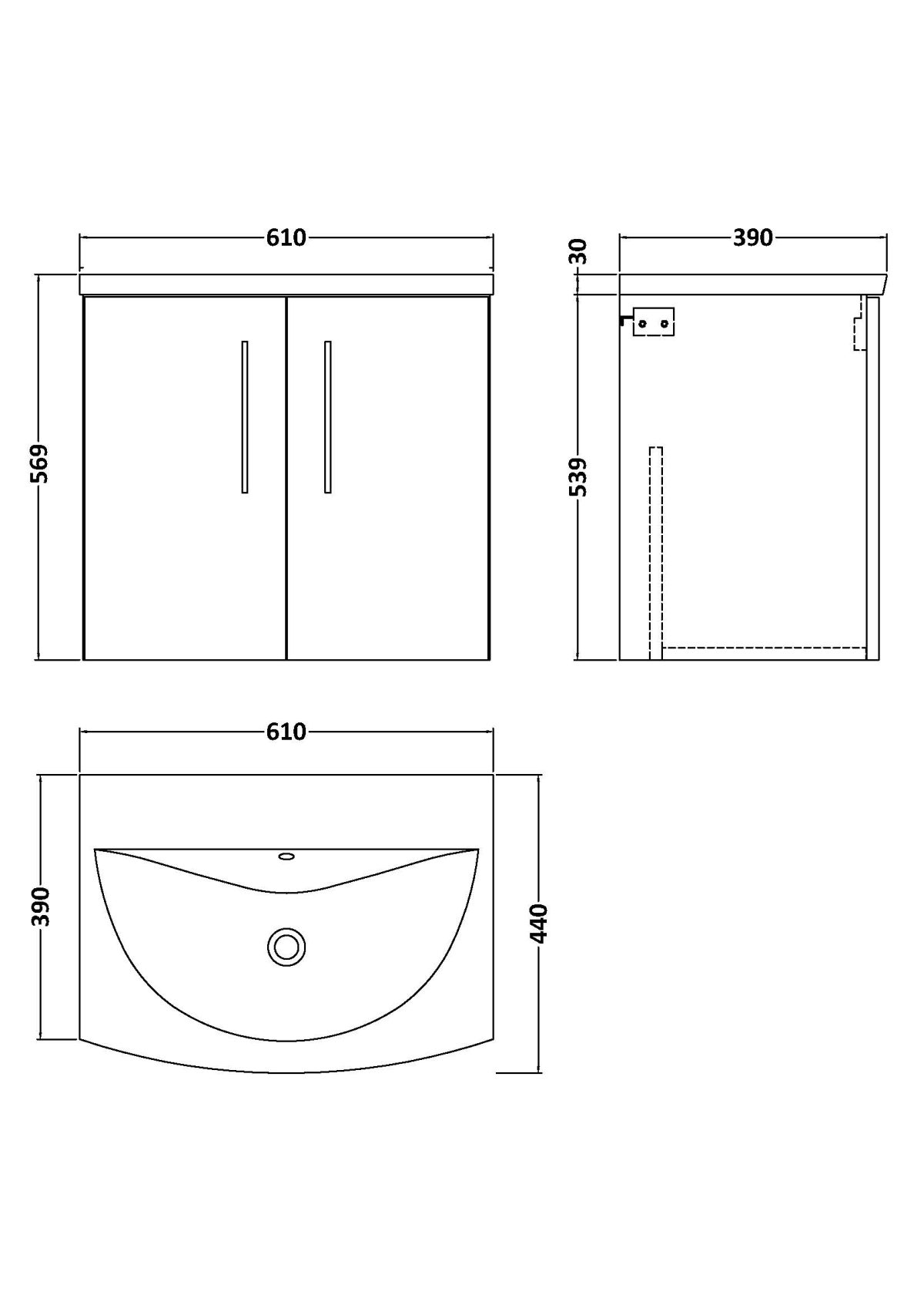 600mm Wall Hung 2 Door Vanity & Basin 4 - Image 2