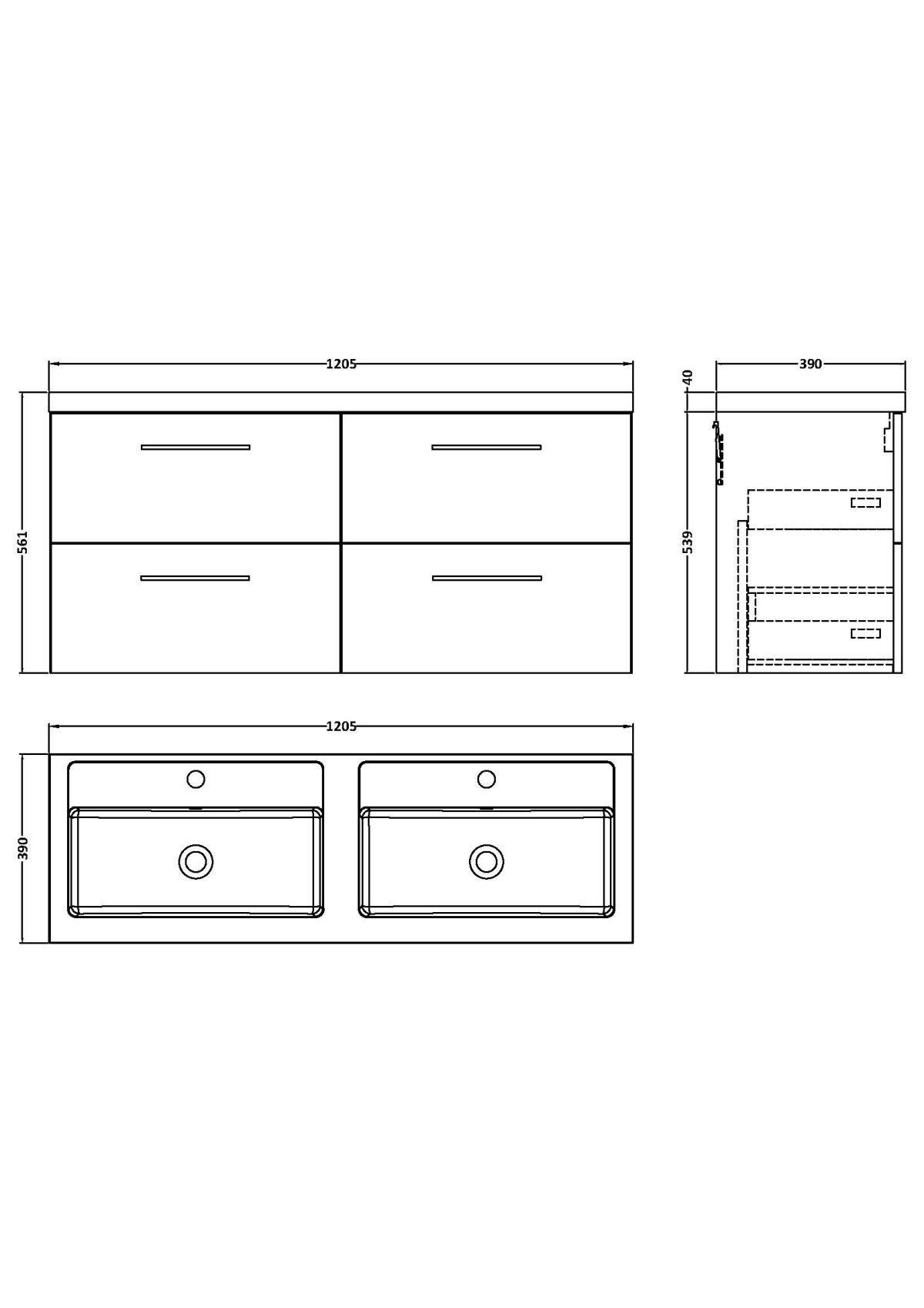 1200mm Wall Hung 4 Drawer Vanity & Double Basin - Image 3