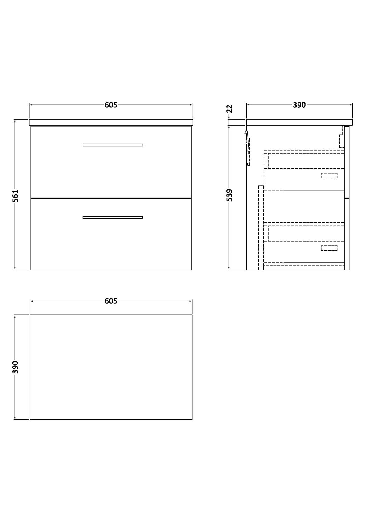 600mm Wall Hung 2 Drawer Vanity & Laminate Top - Image 2