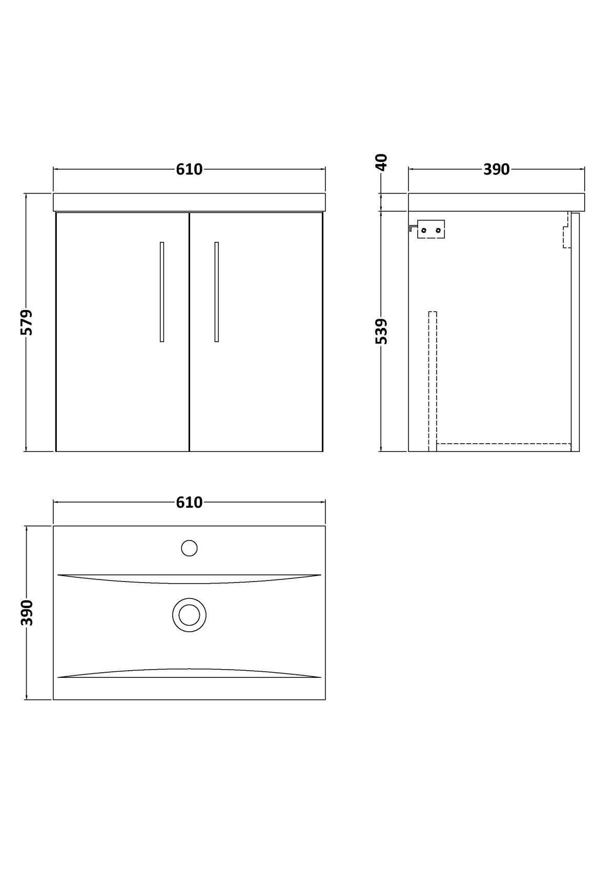 600mm Wall Hung 2 Door Vanity & Basin 1 - Image 2