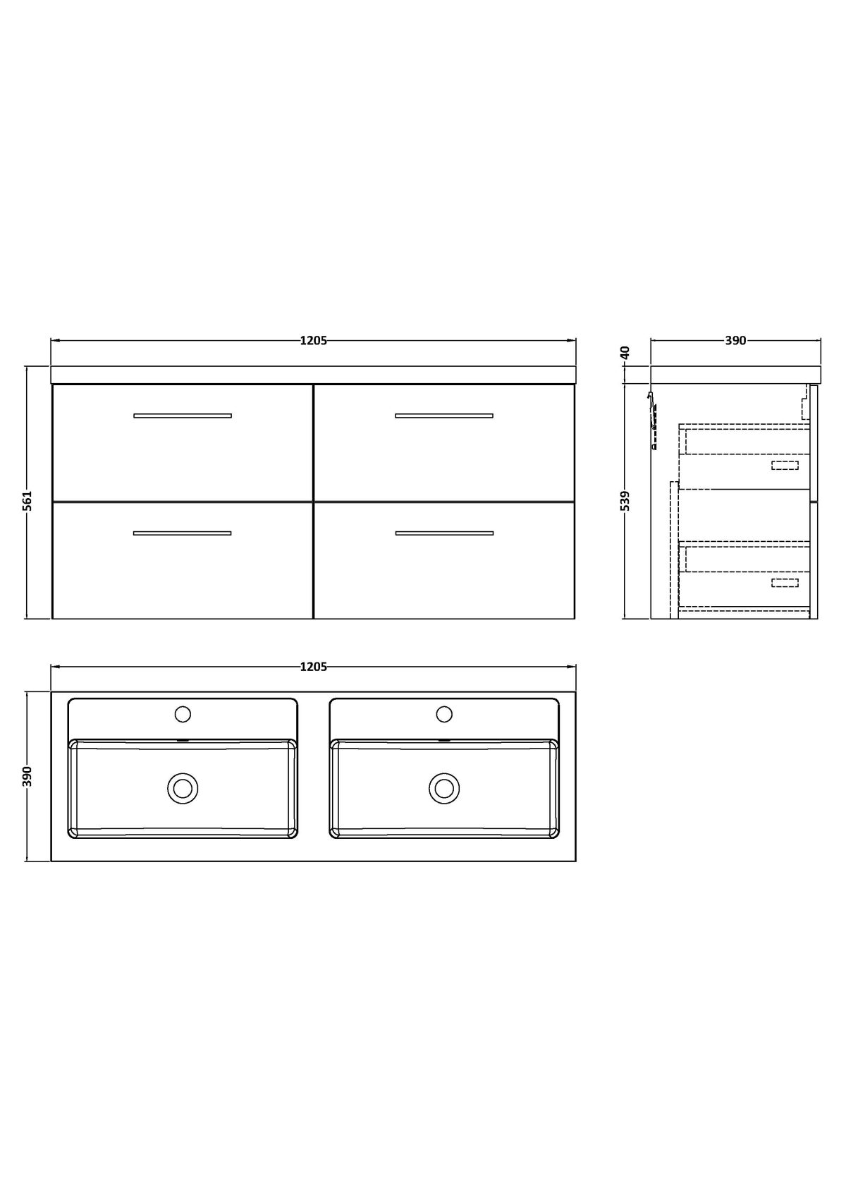 1200mm Wall Hung 4 Drawer Vanity & Double Basin - Image 3