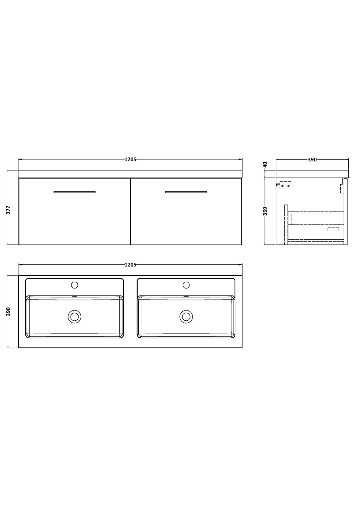 1200mm Wall Hung 2 Drawer Vanity & Double Basin - Image 3