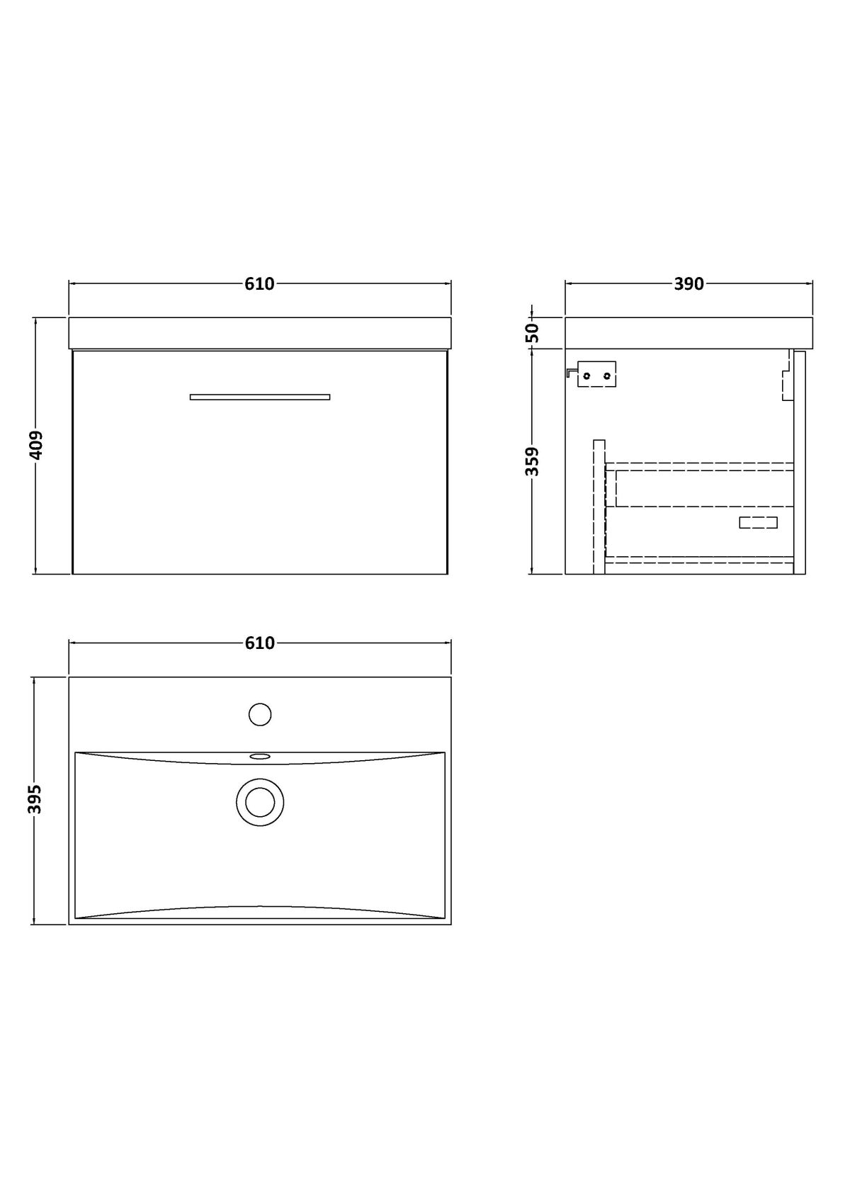 600mm Wall Hung 1 Drawer Vanity & Basin 3 - Image 2