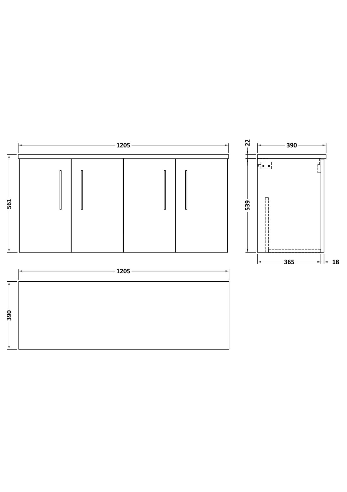 1200mm Wall Hung 4-Door Vanity & Laminate Worktop - Image 2