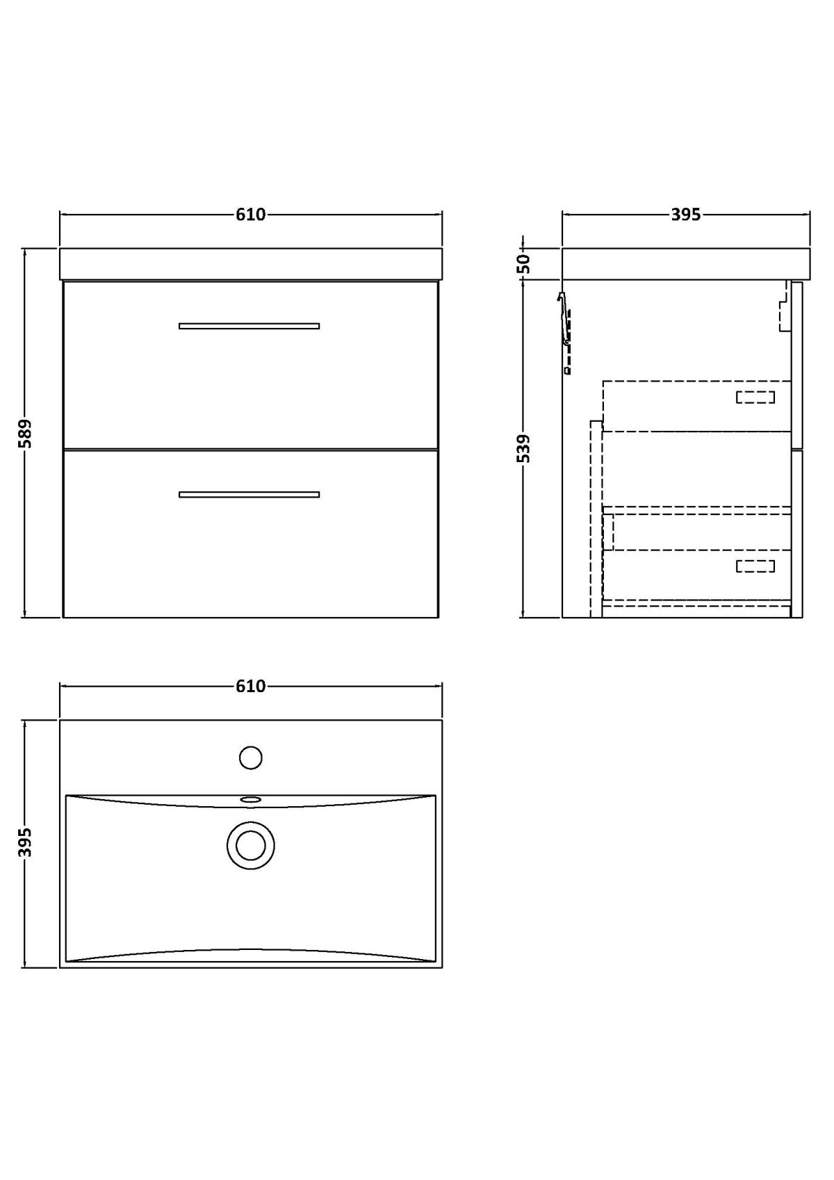 600mm Wall Hung 2 Drawer Vanity & Basin 3 - Image 2