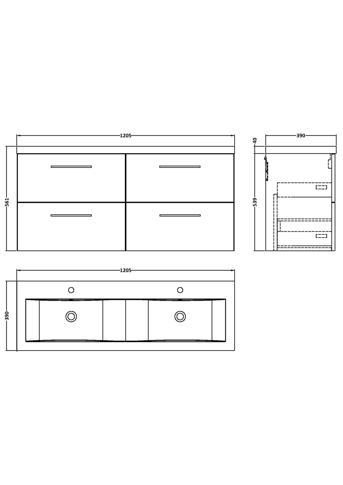 1200mm Wall Hung 4 Drawer Vanity & Double Basin - Image 3