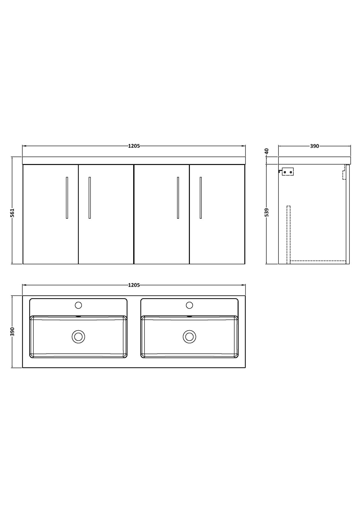 1200mm Wall Hung 4-Door Vanity & Double Basin - Image 3