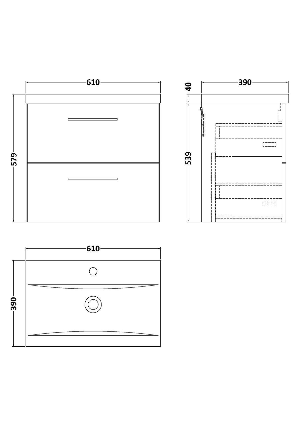 600mm Wall Hung 2-Drawer Vanity & Basin 1 - Image 2