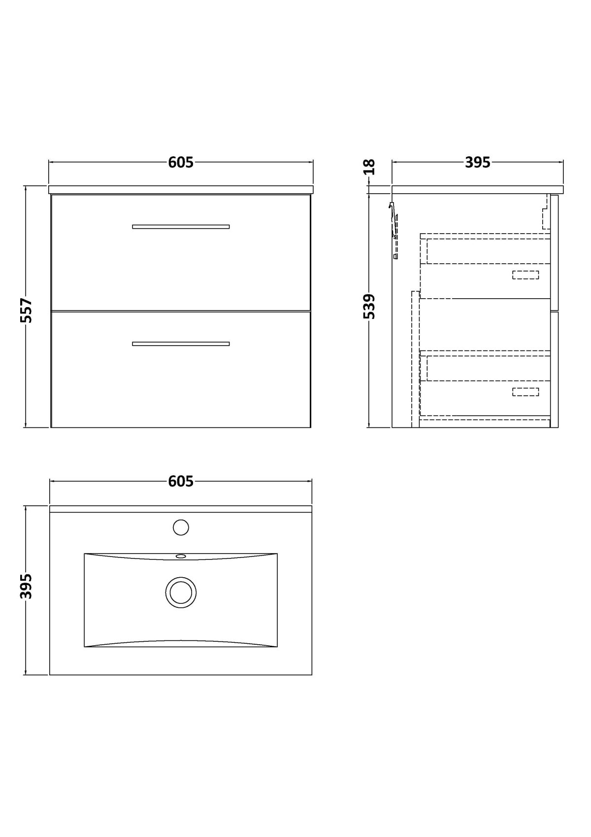 600mm Wall Hung 2-Drawer Vanity & Basin 2 - Image 2