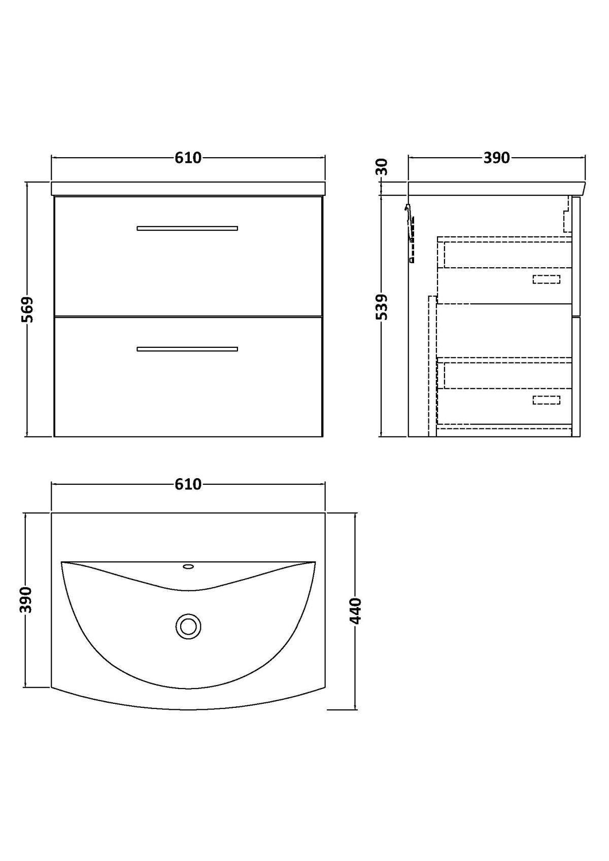 600mm Wall Hung 2-Drawer Vanity & Basin 4 - Image 2
