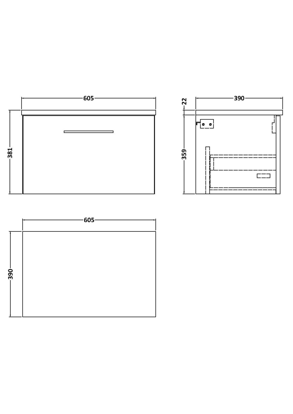 600mm Wall Hung 1 Drawer Vanity & Laminate Top - Image 2
