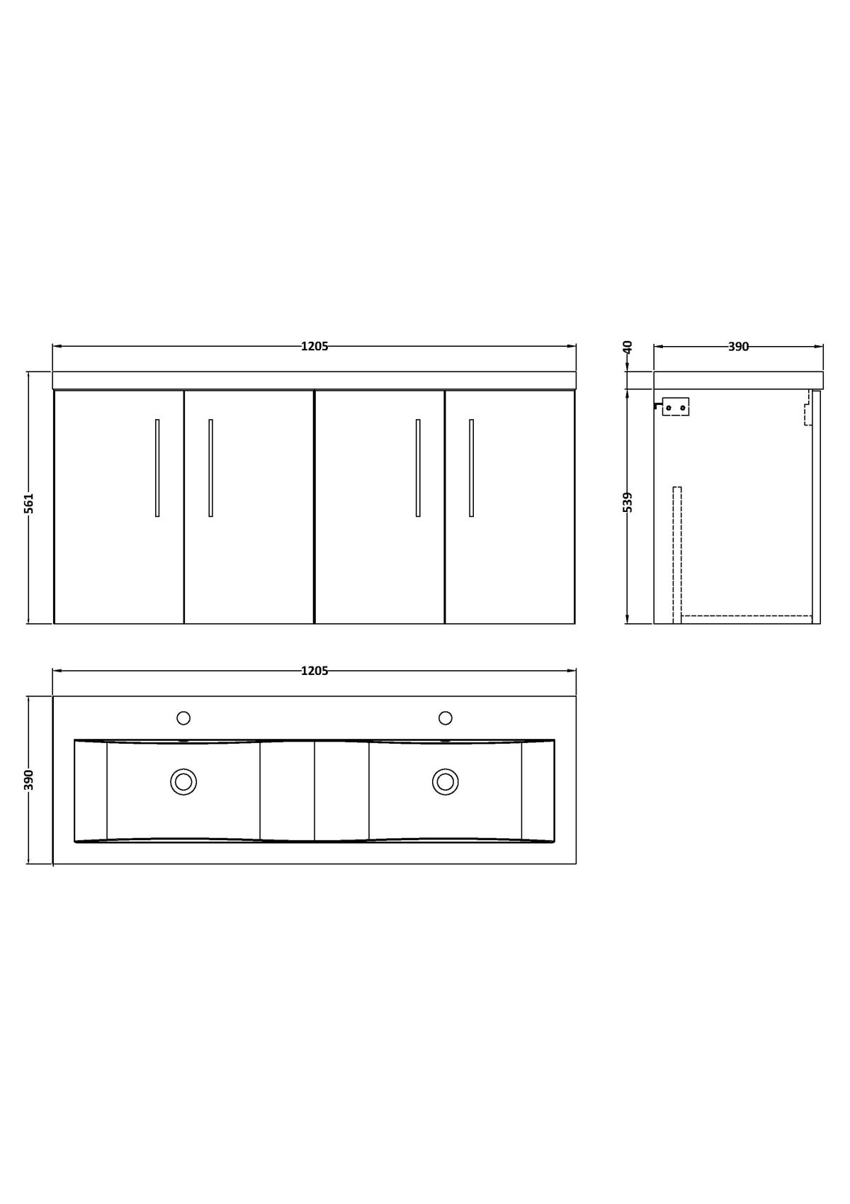 1200mm Wall Hung 4 Door Vanity & Double Basin - Image 3