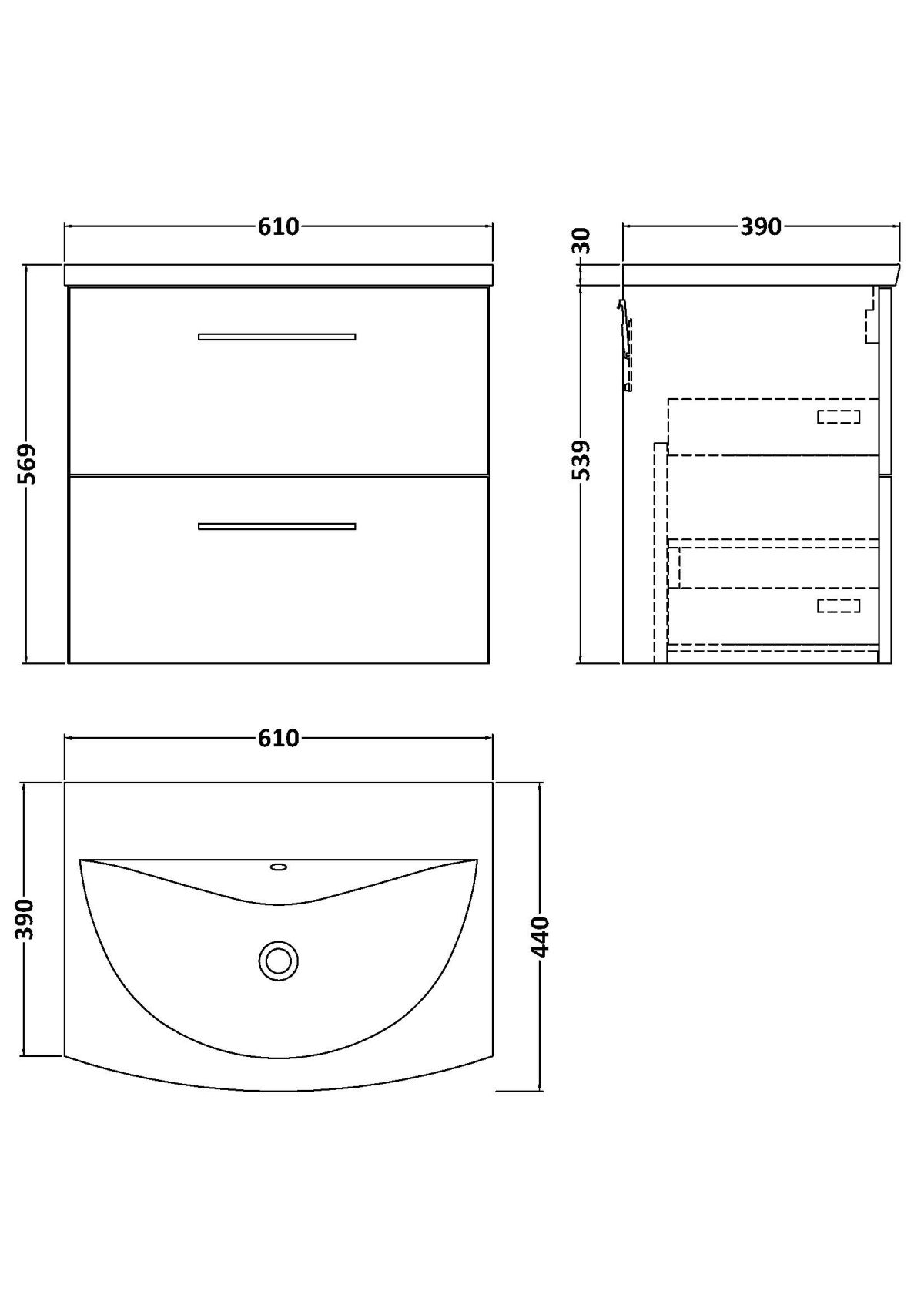 600mm Wall Hung 2 Drawer Vanity & Basin 4 - Image 2