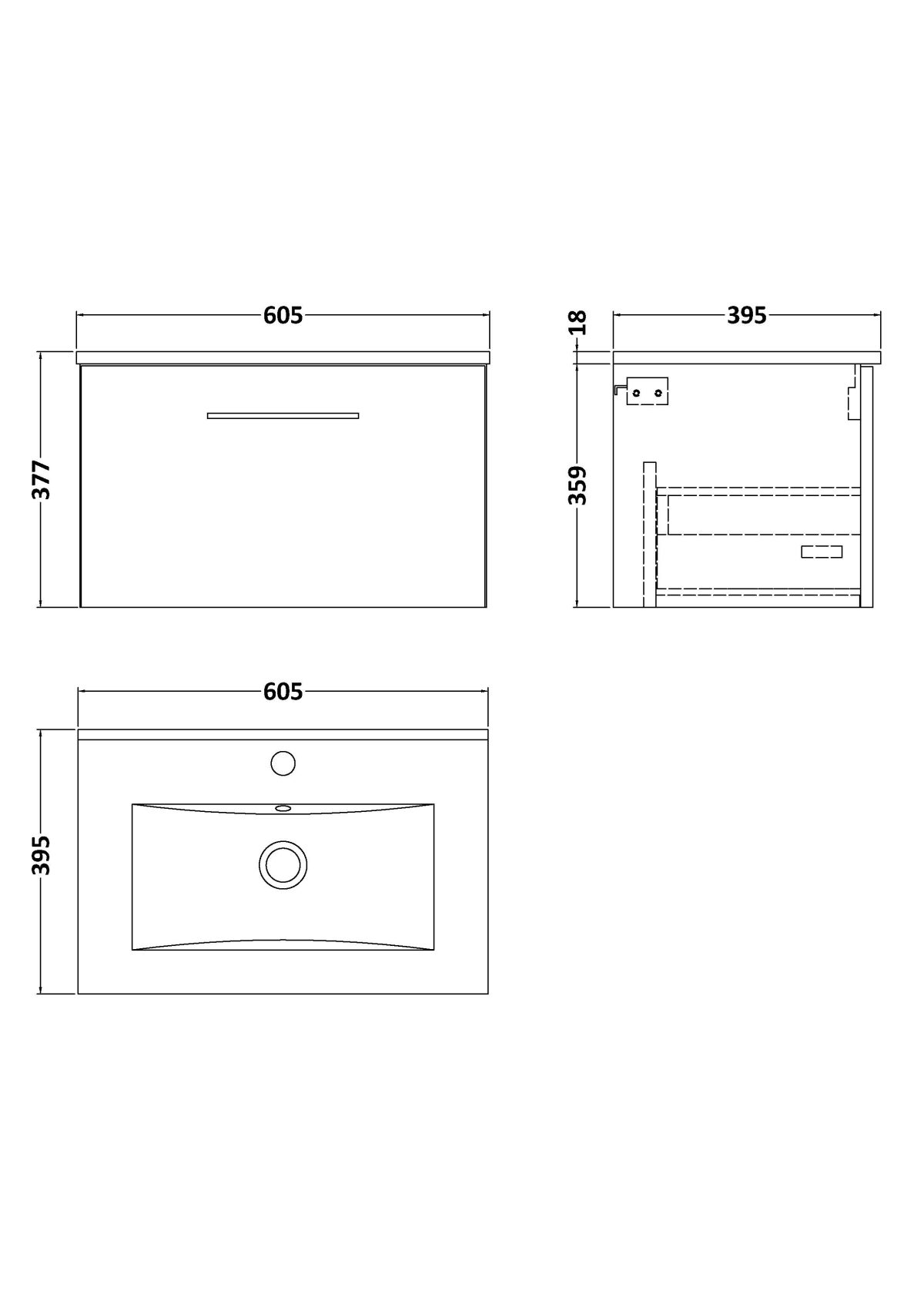 600mm Wall Hung 1 Drawer Vanity & Basin 2 - Image 2