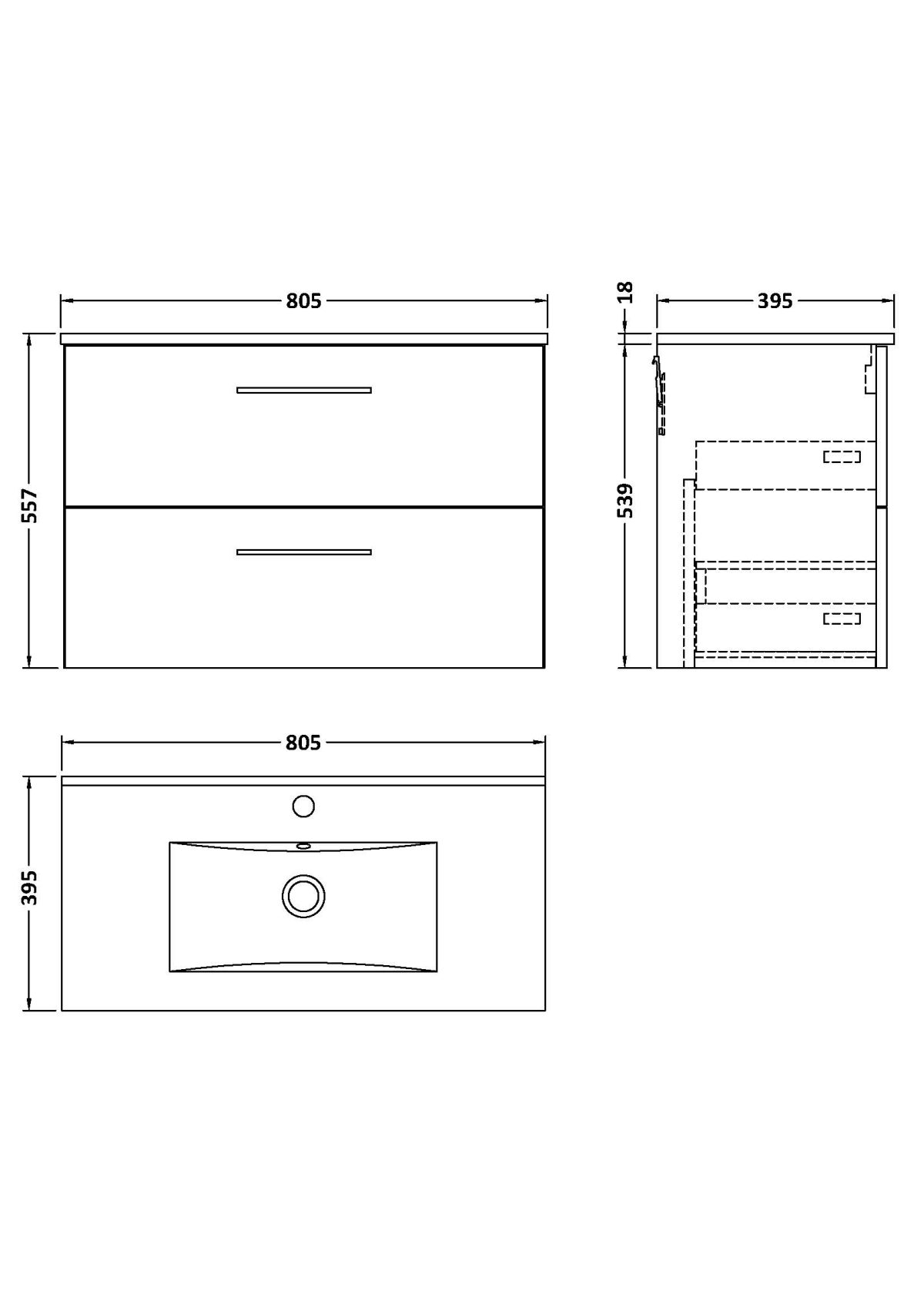 800mm Wall Hung 2 Drawer Vanity & Basin 2 - Image 2