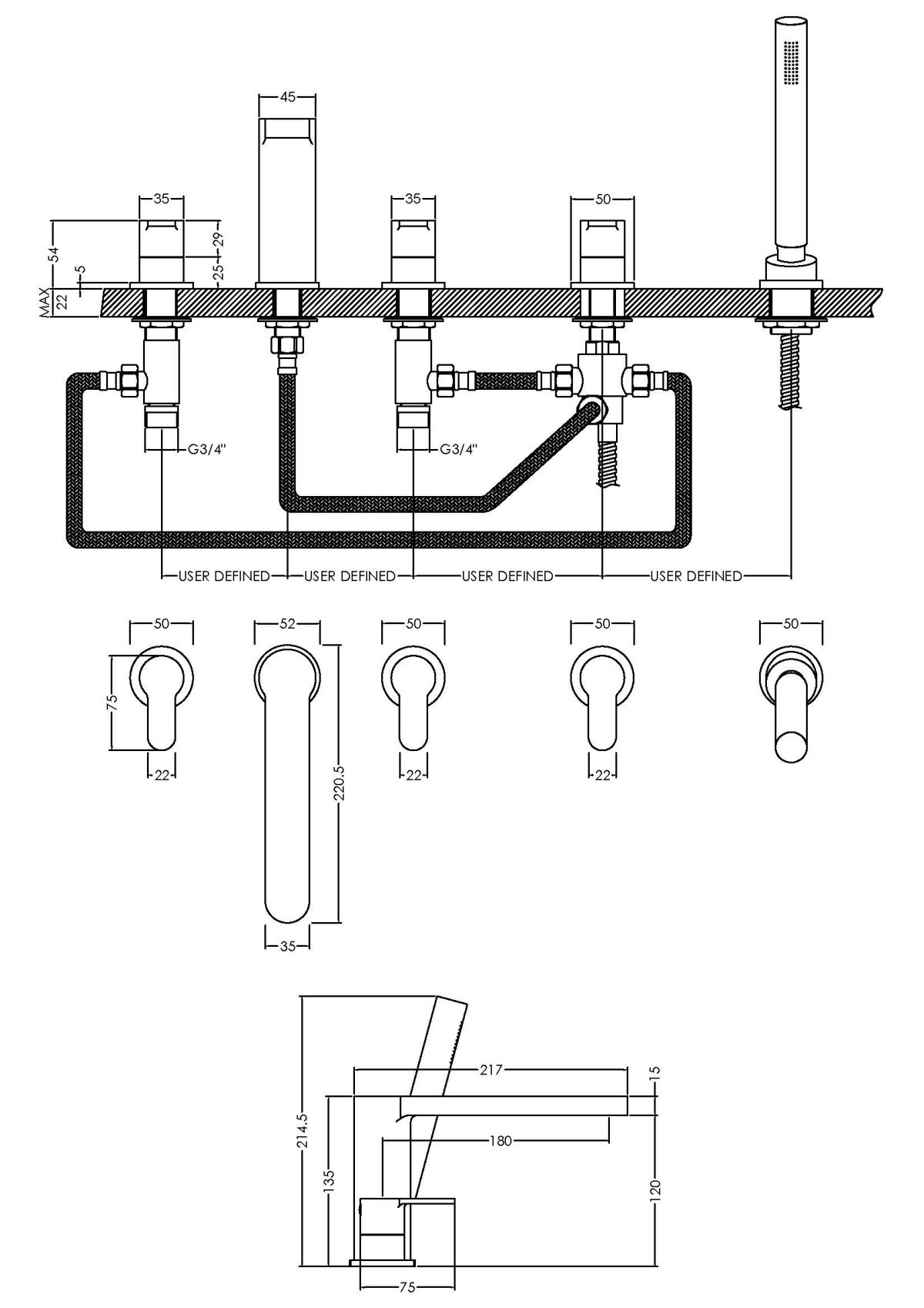Deck Mounted 5 Tap Hole Bath Shower Mixer - Image 2