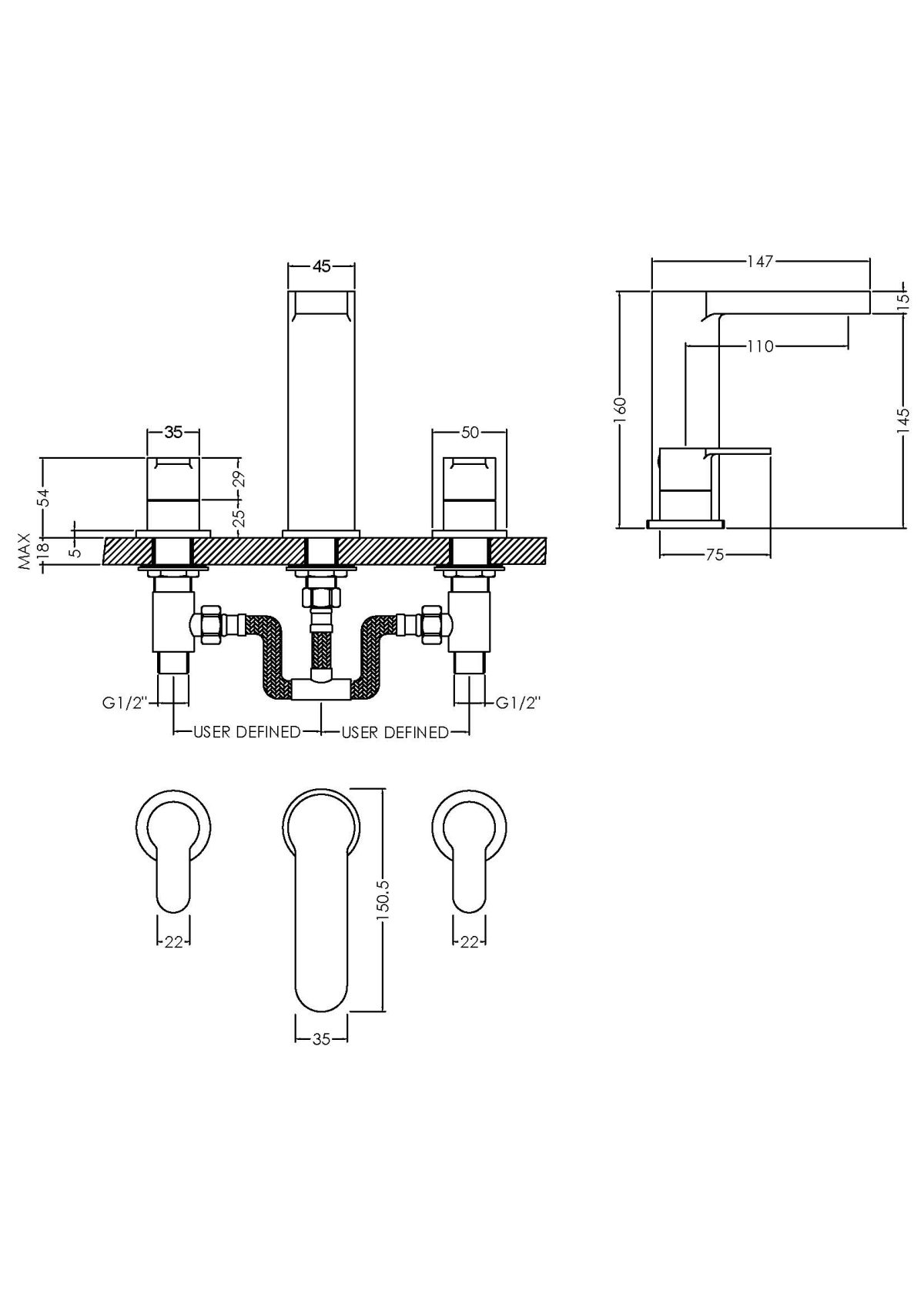 Deck Mounted 3 Tap Hole Basin Mixer With Pop Up Waste - Image 2