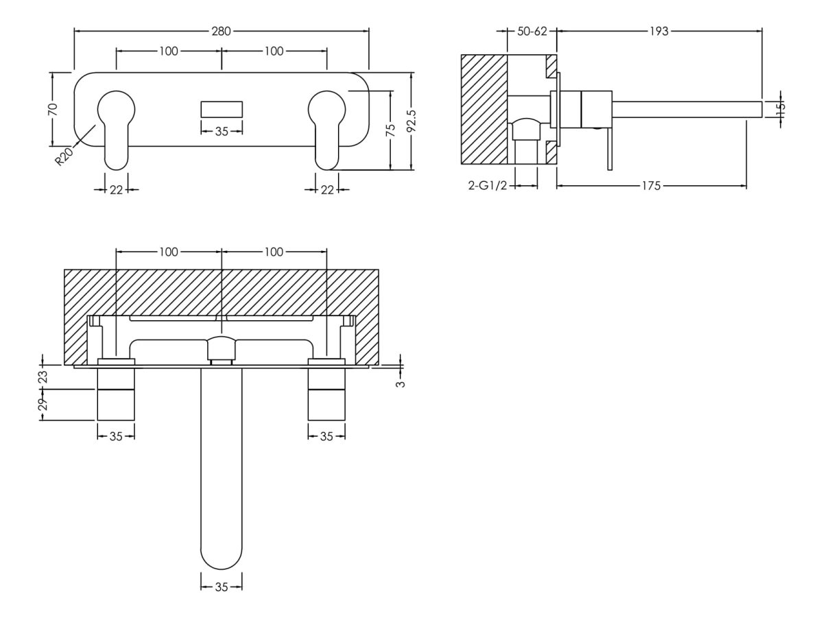 Wall Mounted 3 Tap Hole Basin Mixer With Plate - Image 2