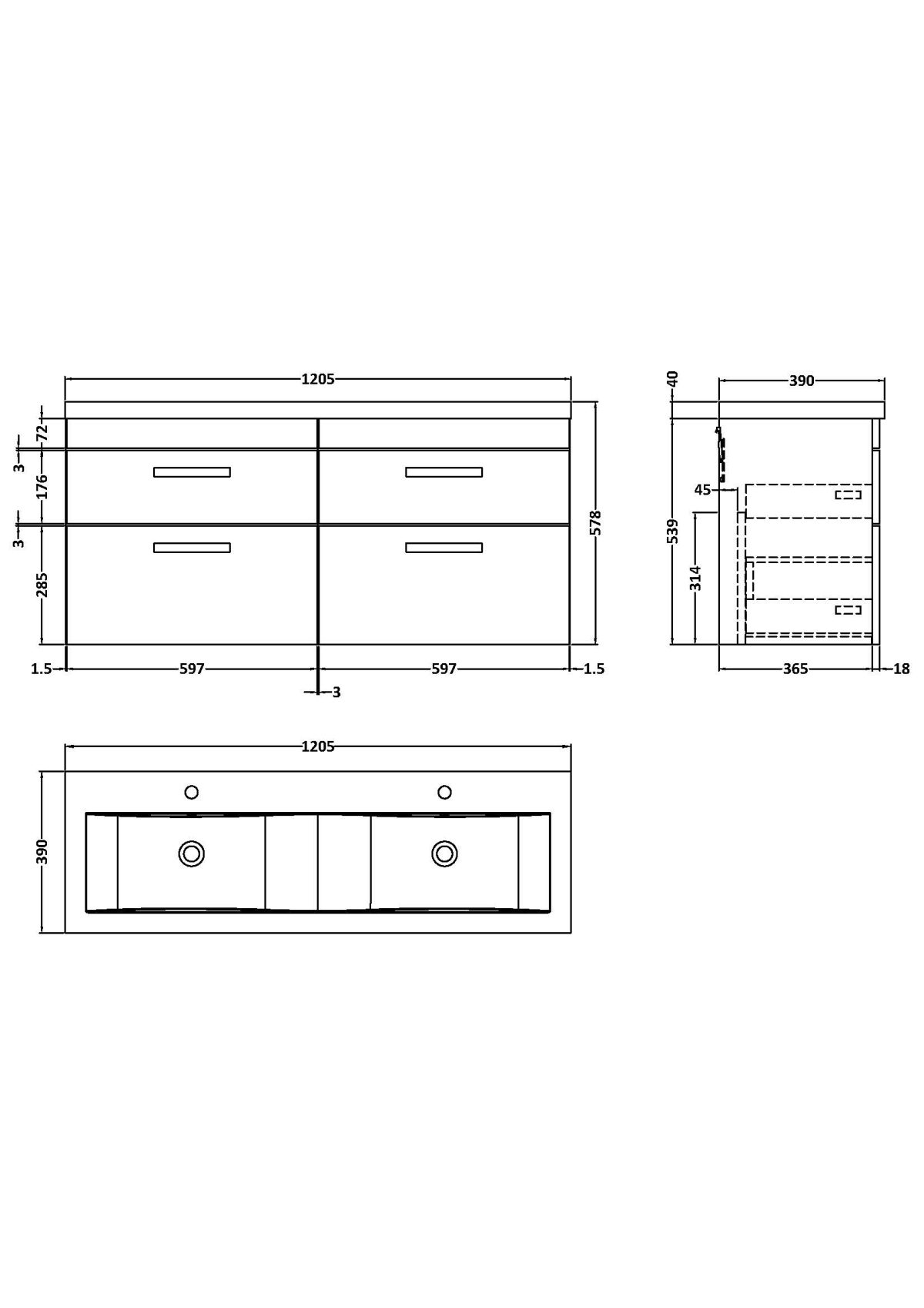 1200mm Wall Hung Cabinet With Double Ceramic Basin - Image 3