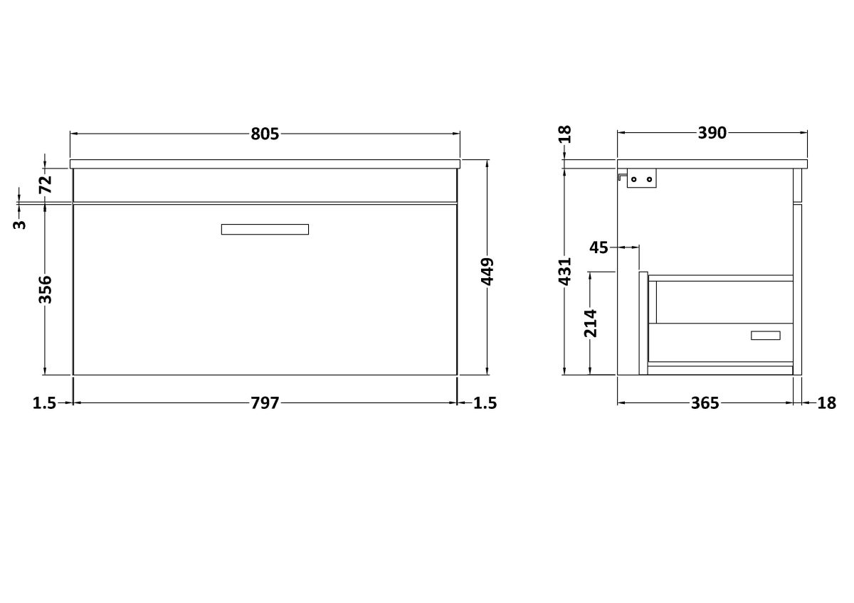 800mm Wall Hung Vanity With Worktop - Image 2