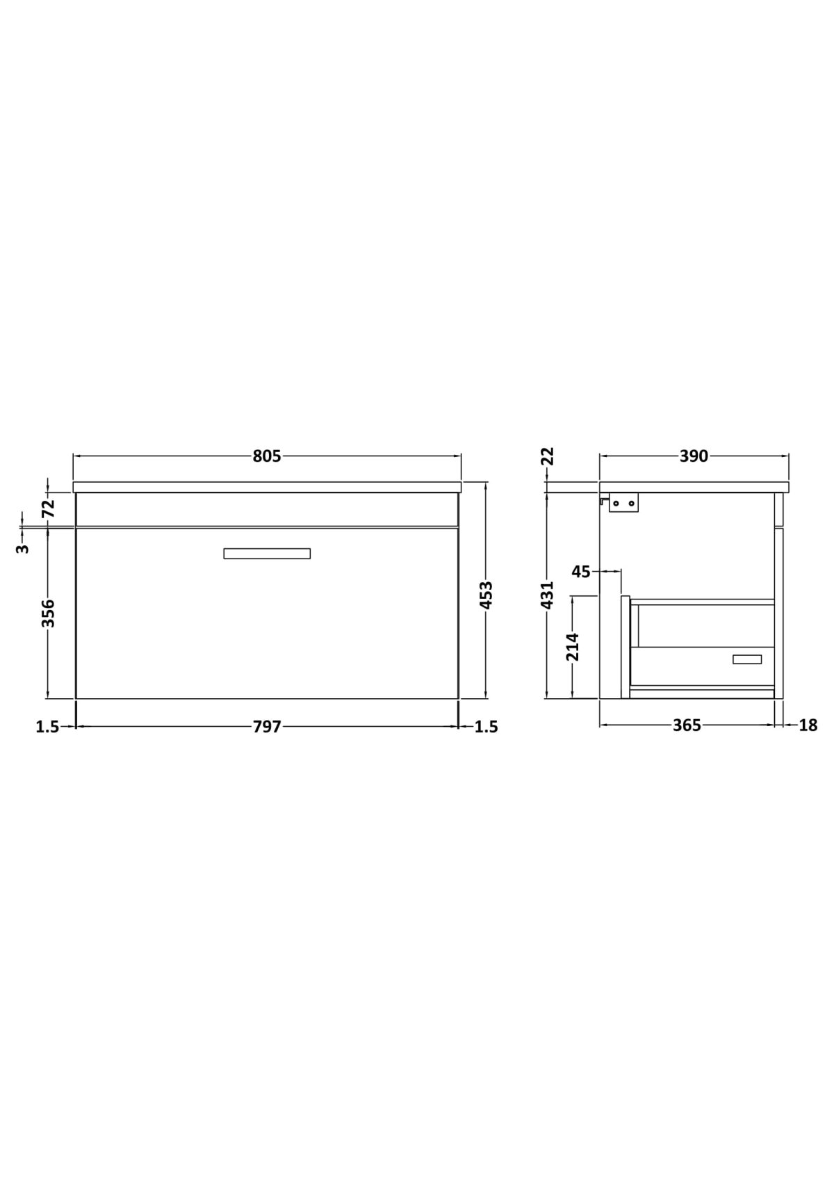 800mm Wall Hung Vanity With Sparkling Black Worktop - Image 2