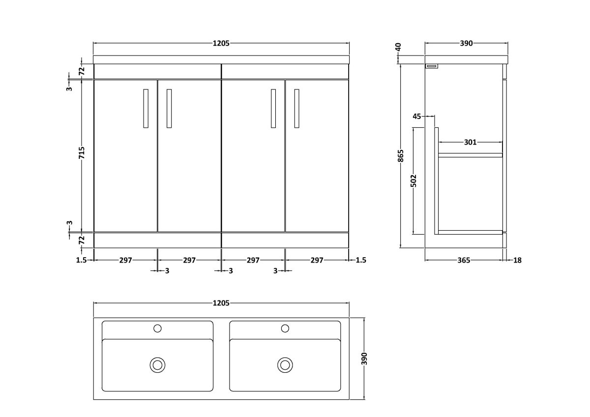 1200mm Floor Standing Cabinet With Double Ceramic Basin - Image 3