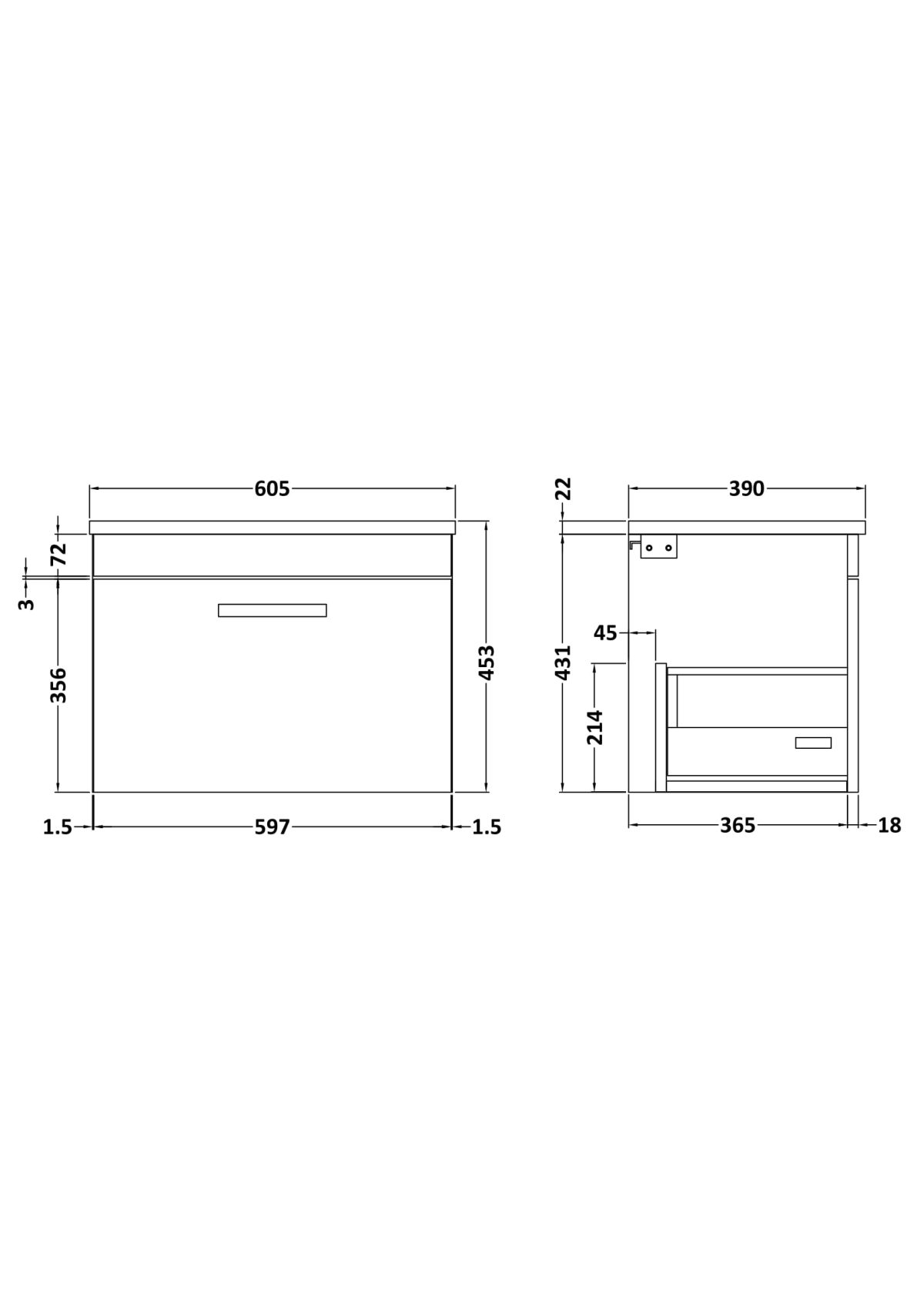 600mm Wall Hung Cabinet With Sparkling White Worktop - Image 2