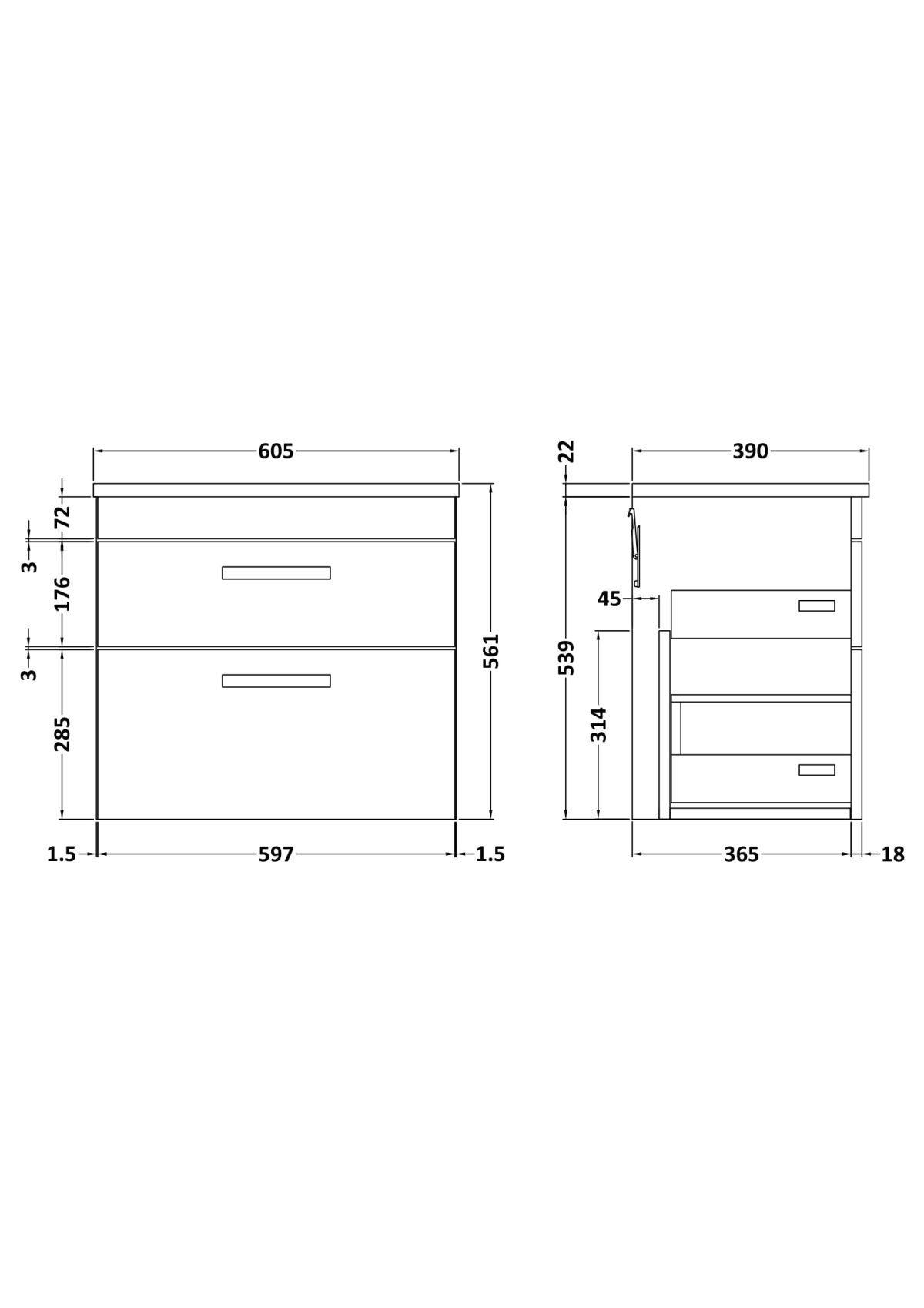 600mm Wall Hung Cabinet With Sparkling White Worktop - Image 2