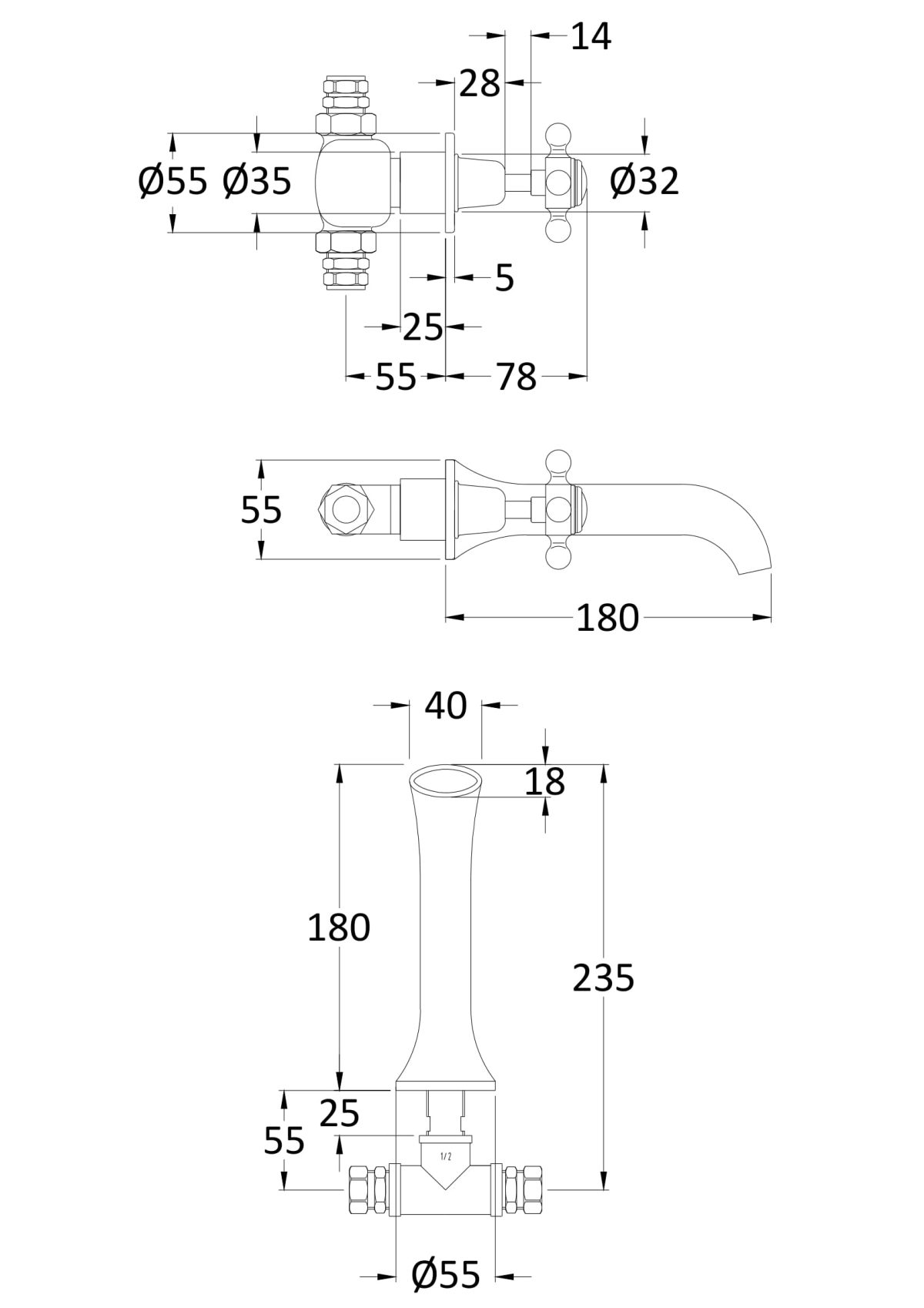 3 Tap Hole Wall Mounted Basin Mixer - Image 2