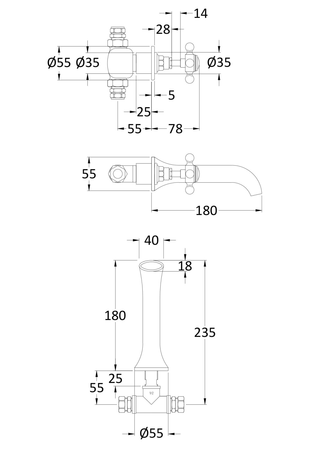 3 Tap Hole Wall Mounted Basin Mixer - Image 2