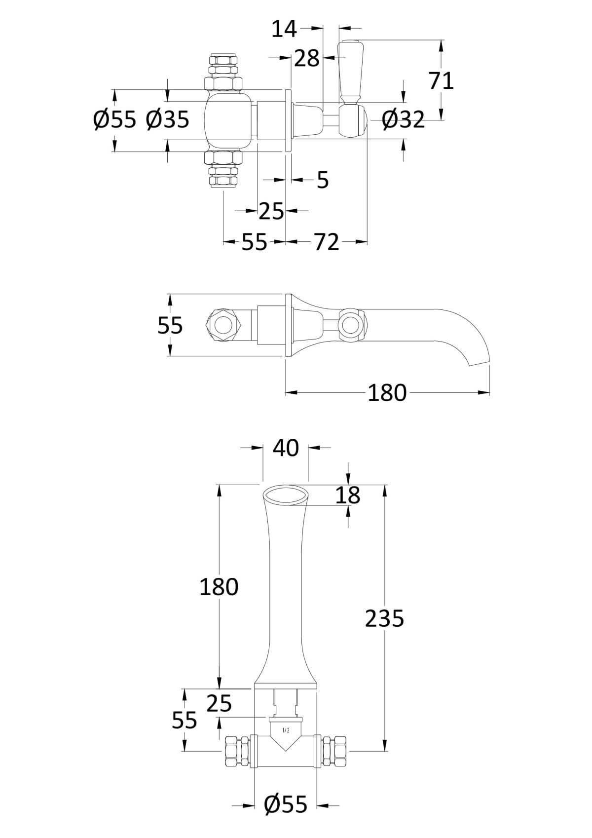3 Tap Hole Wall Mounted Basin Mixer - Image 2