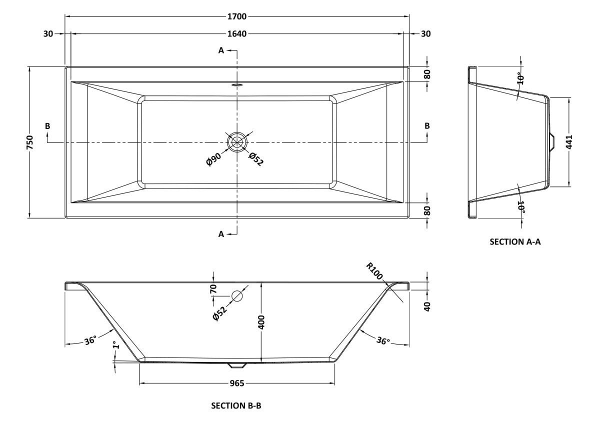 Eternalite Square Double Ended Bath 1700 x 750mm - Image 3