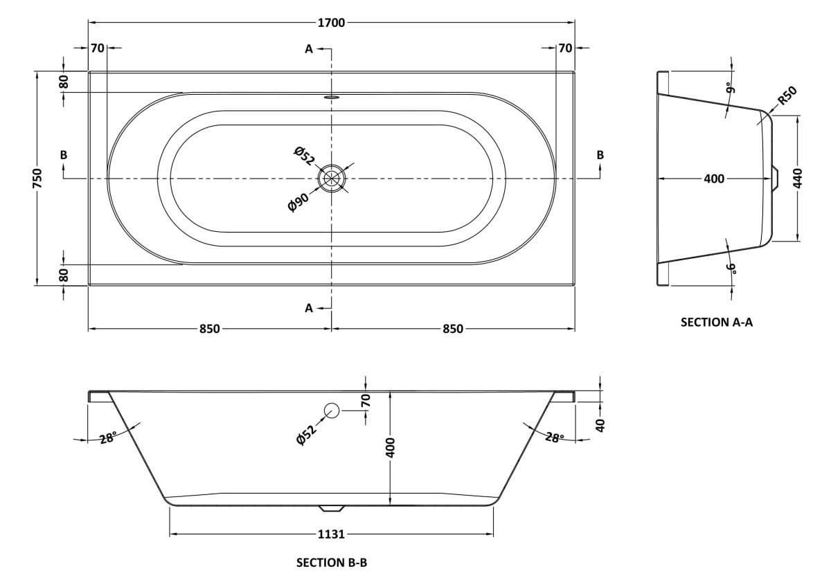 Eternalite Round Double Ended Bath 1700 x 750mm - Image 3