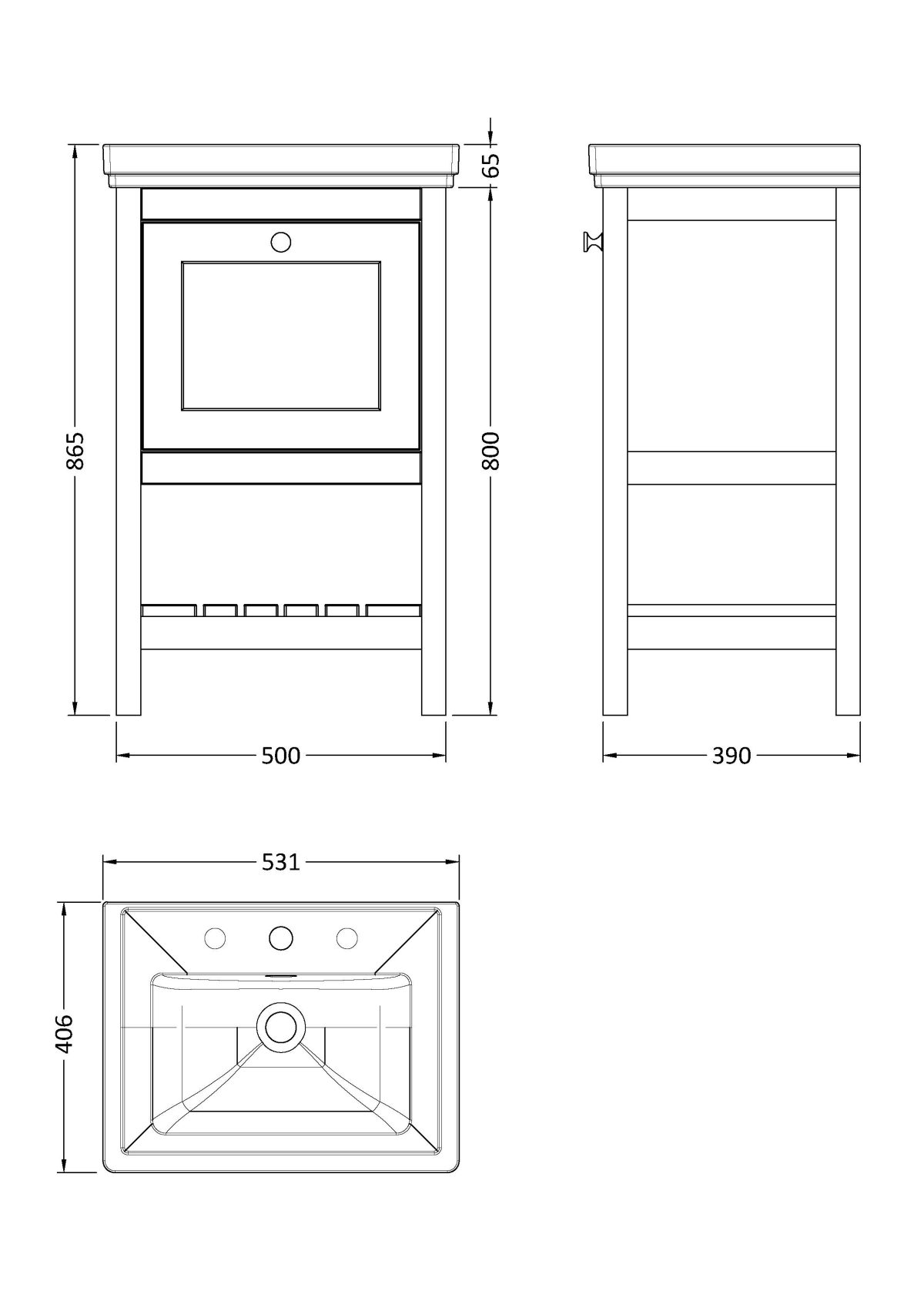 500mm Floor Standing Vanity & Basin 3TH - Image 4
