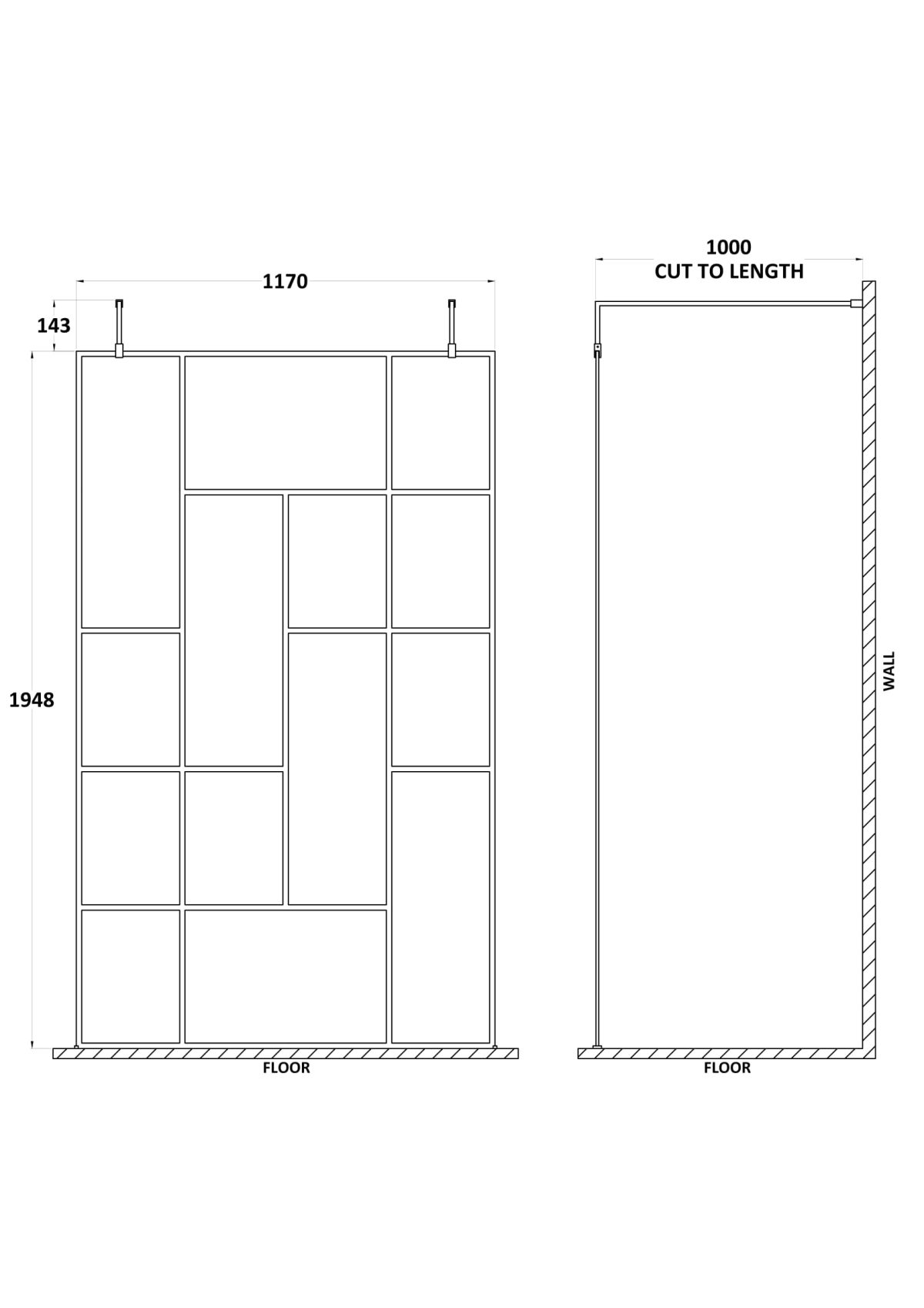 1200mm Abstract Frame Wetroom Screen with Support Bars - Image 2