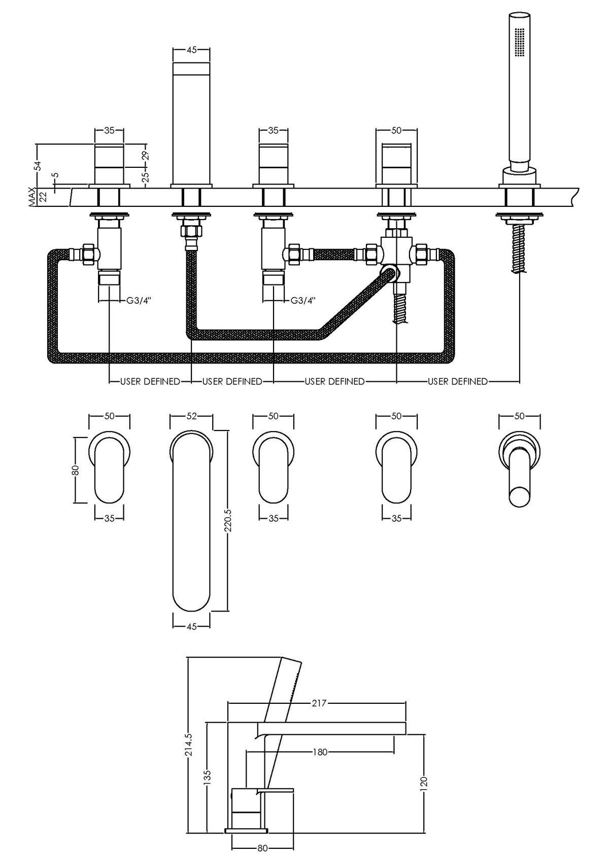 Deck Mounted 5 Tap Hole Bath Shower Mixer - Image 2