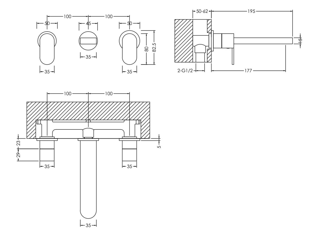 Wall Mounted 3 Tap Hole Basin Mixer - Image 2