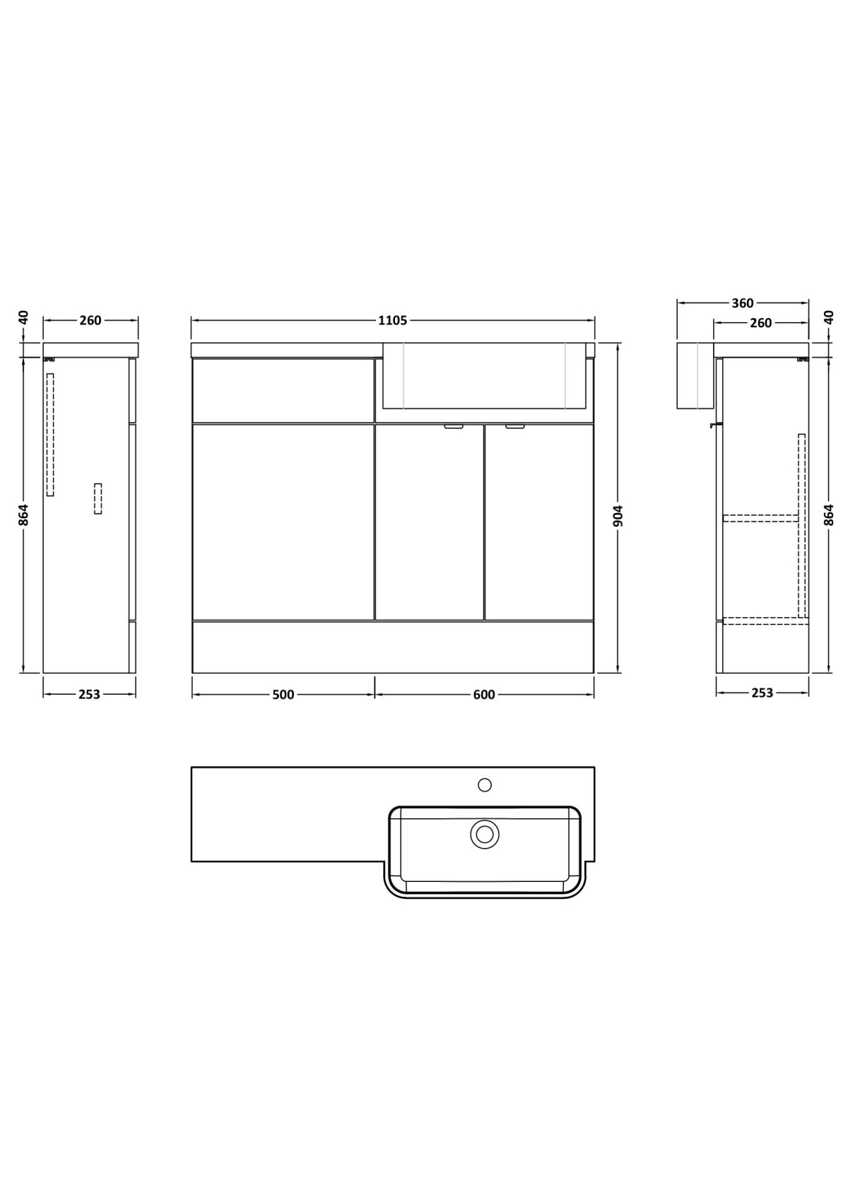 1100mm Combination Unit & Right Hand Semi Recessed Basin - Image 2