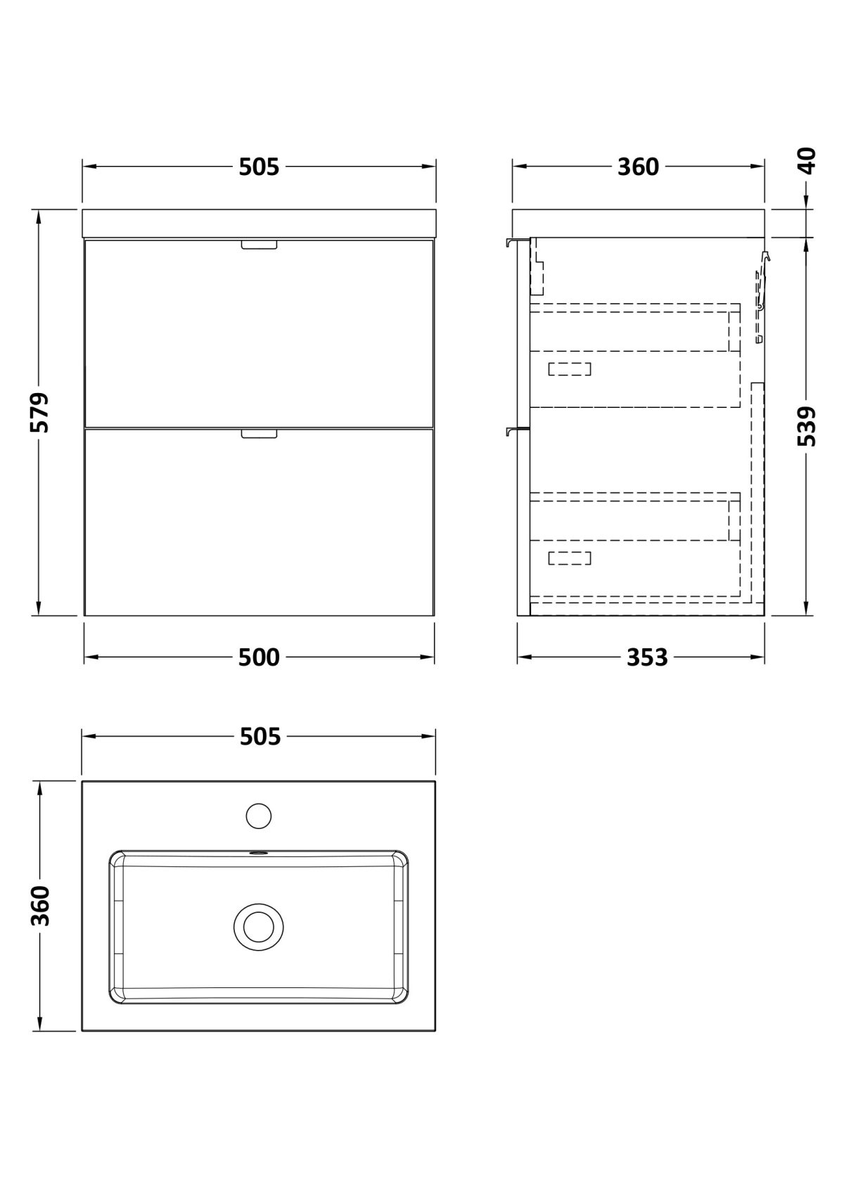 500mm 2-Drawer Wall Hung Unit & Basin - Image 2