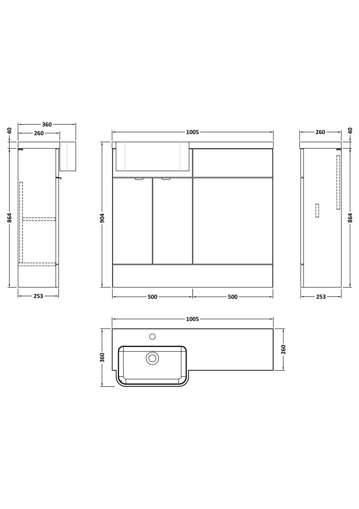 1000mm Combination Unit & Left Hand Semi Recessed Basin - Image 2