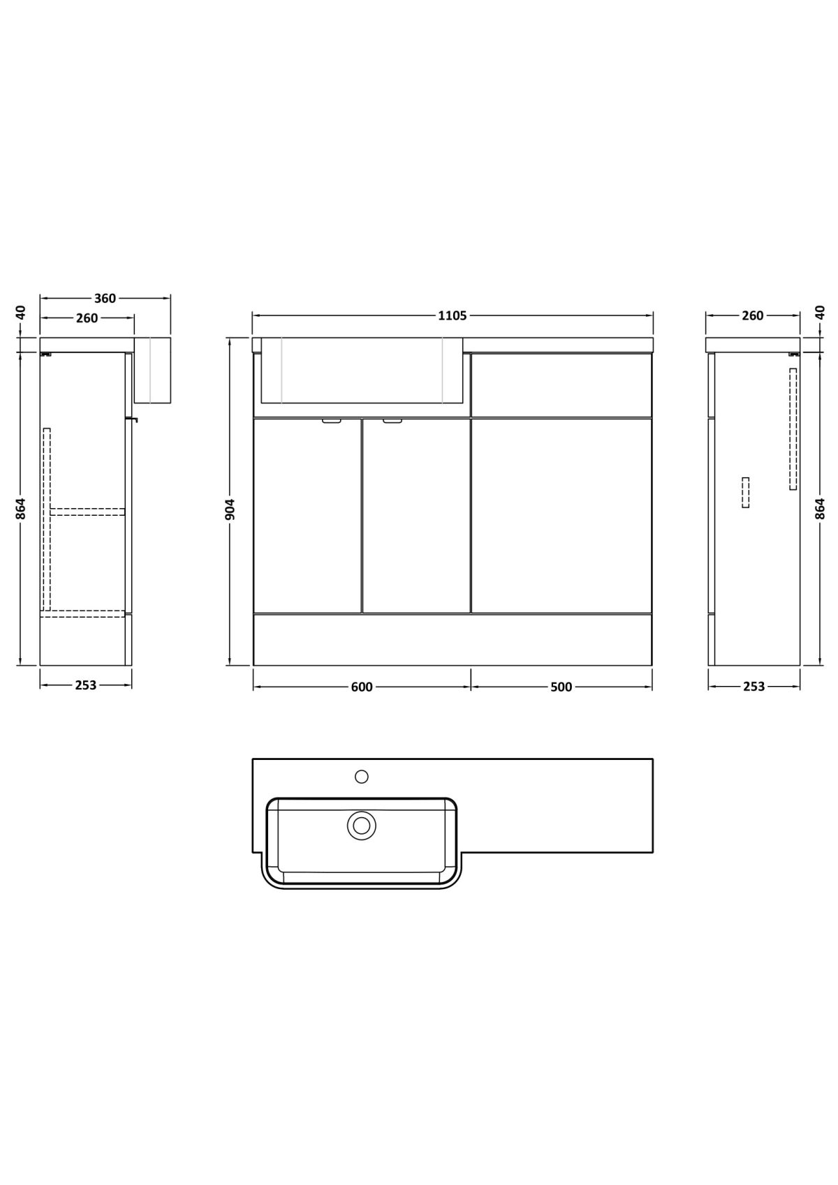 1100mm Combination Unit & Left Hand Semi Recessed Basin - Image 2