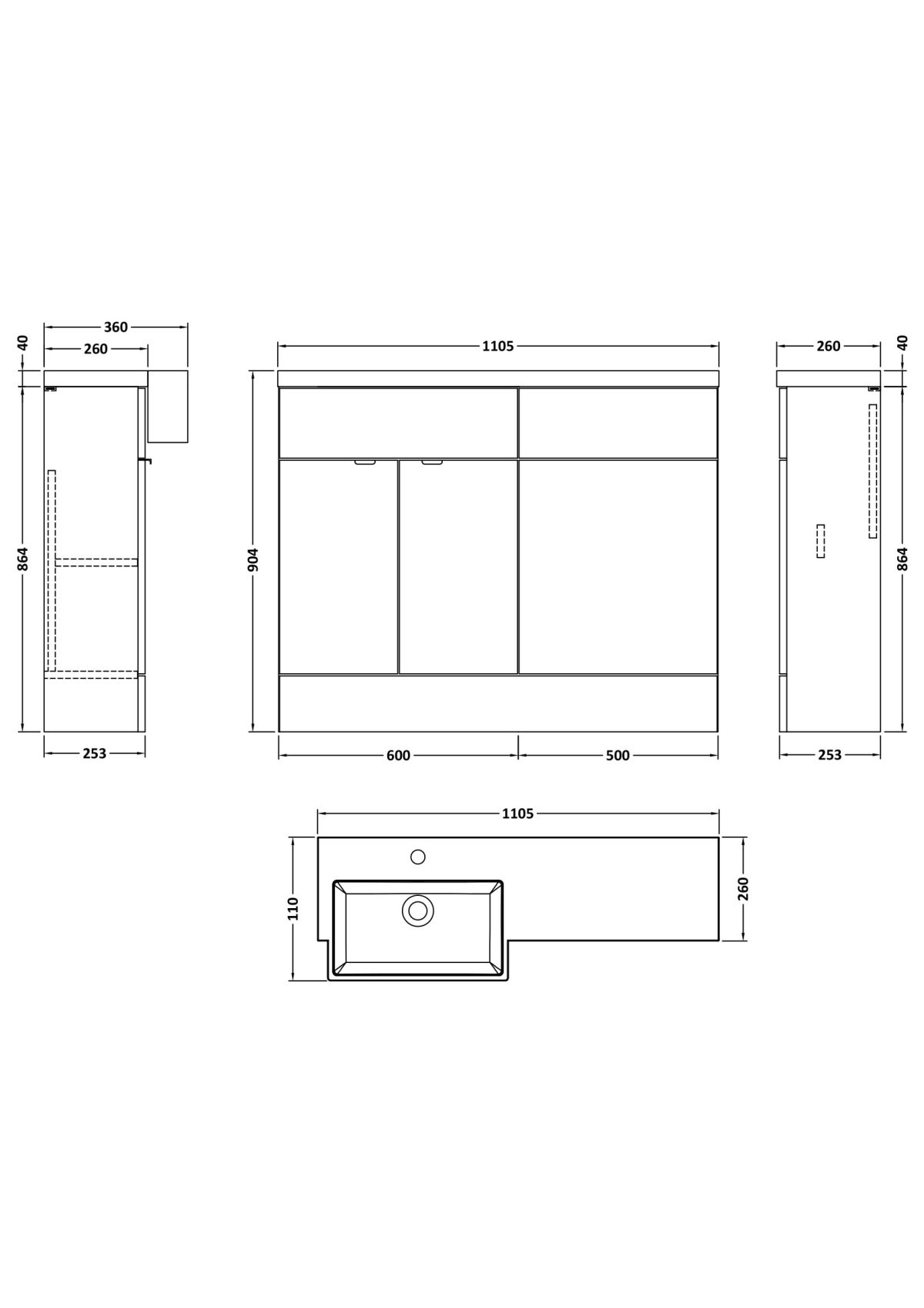 1100mm Combination Unit & Left Hand Semi Recessed Basin - Image 2