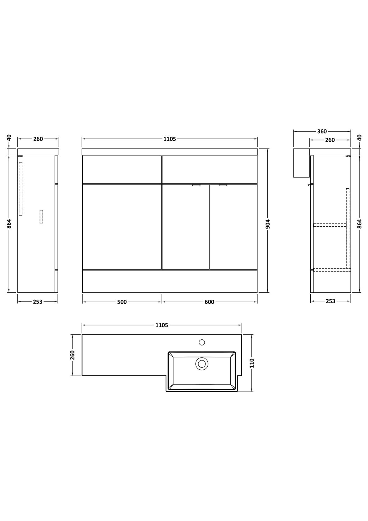 1100mm Combination Unit & Right Hand Semi Recessed Basin - Image 2