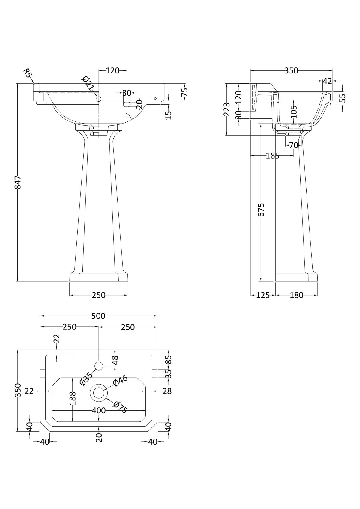500mm Basin & Pedestal (1 Tap Hole) - Image 2