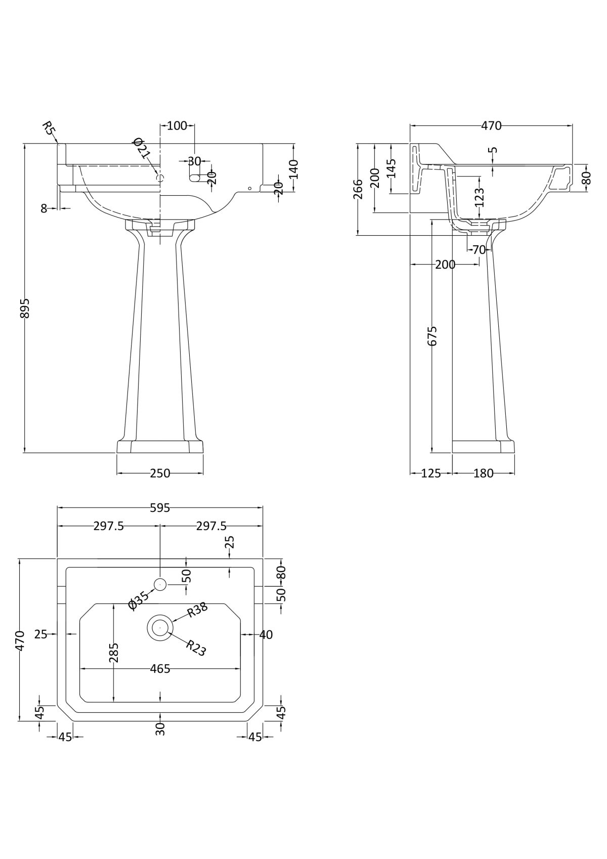 600mm Basin & Pedestal (1 Tap Hole) - Image 2