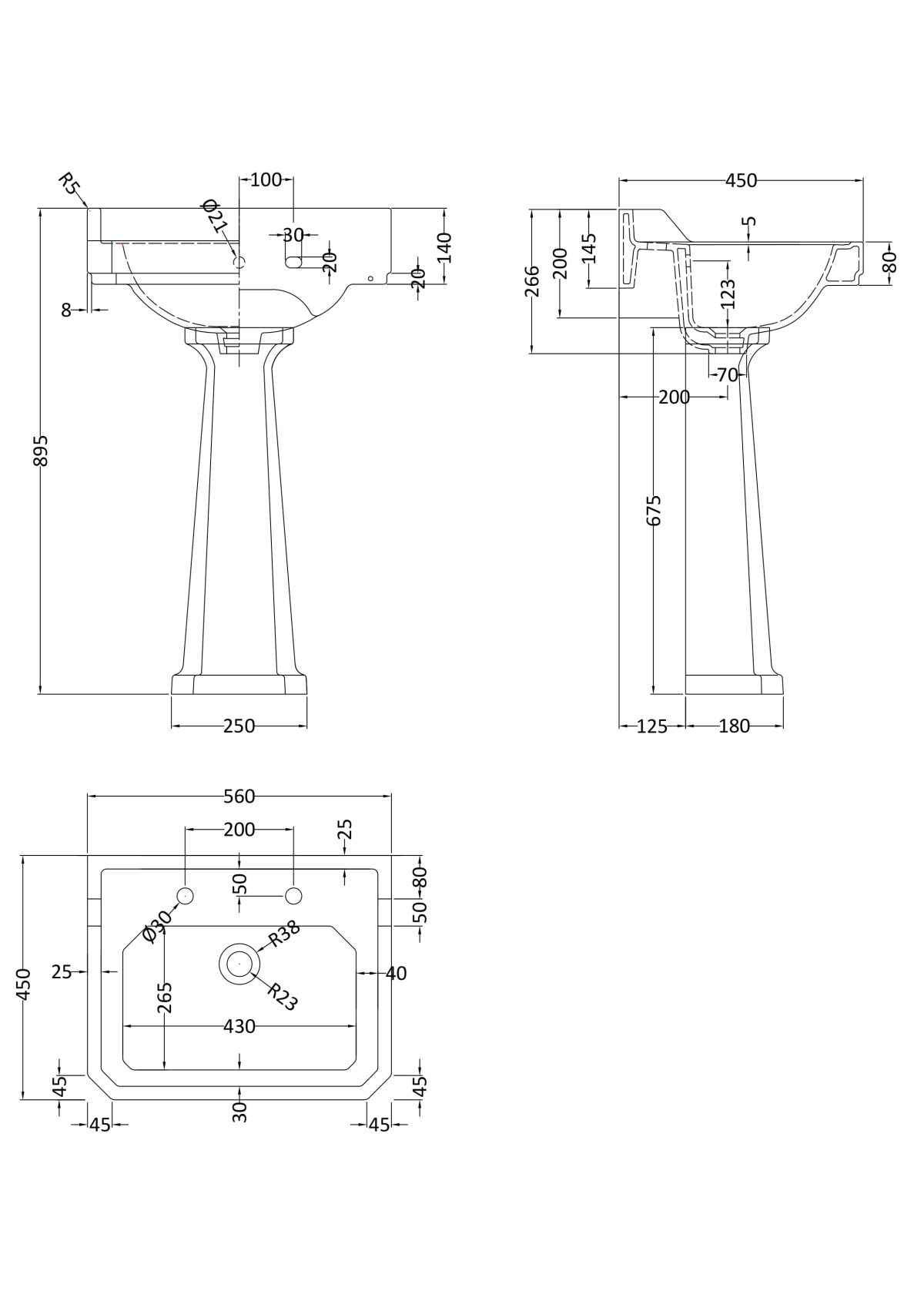 560mm Basin & Pedestal (2 Tap Hole) - Image 2