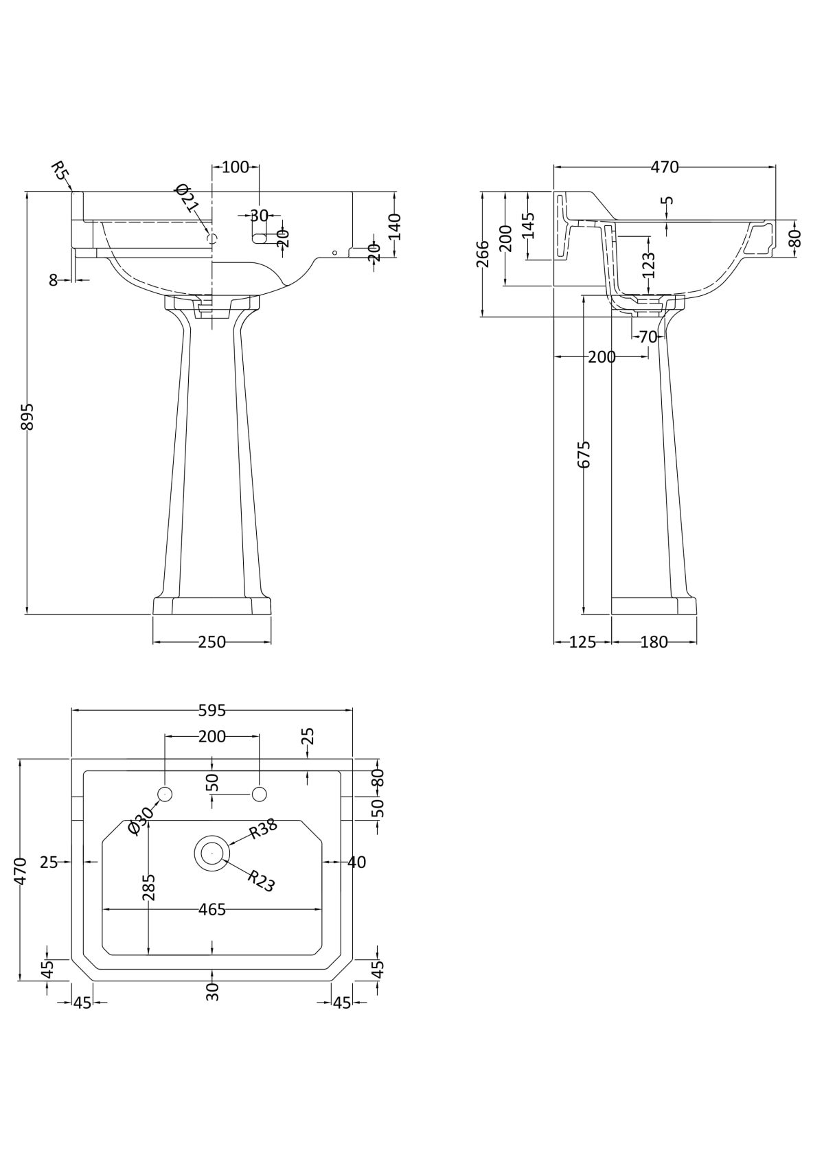 600mm Basin & Pedestal (2 Tap Hole) - Image 2