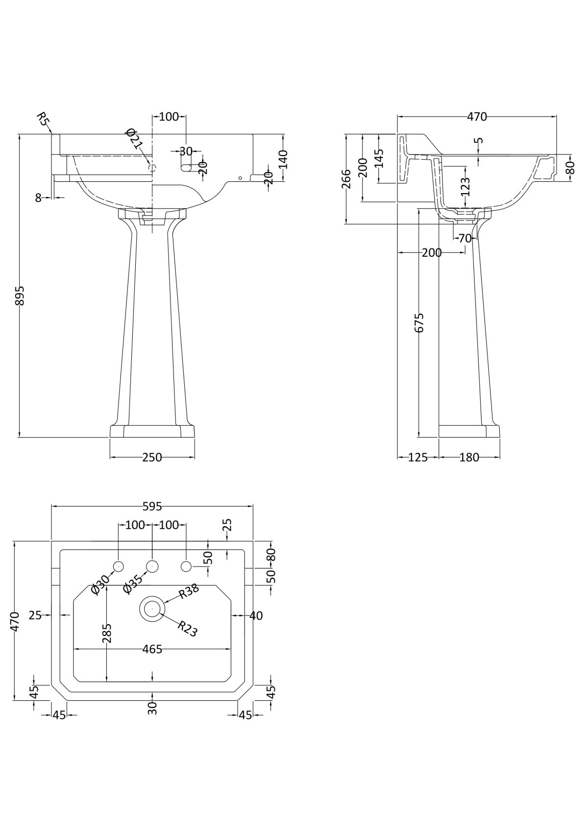 600mm Basin & Pedestal (3 Tap Hole) - Image 2