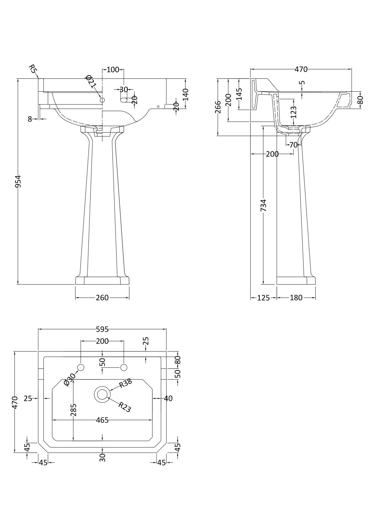 600mm 2TH Basin & Comfort Height Ped - Image 2